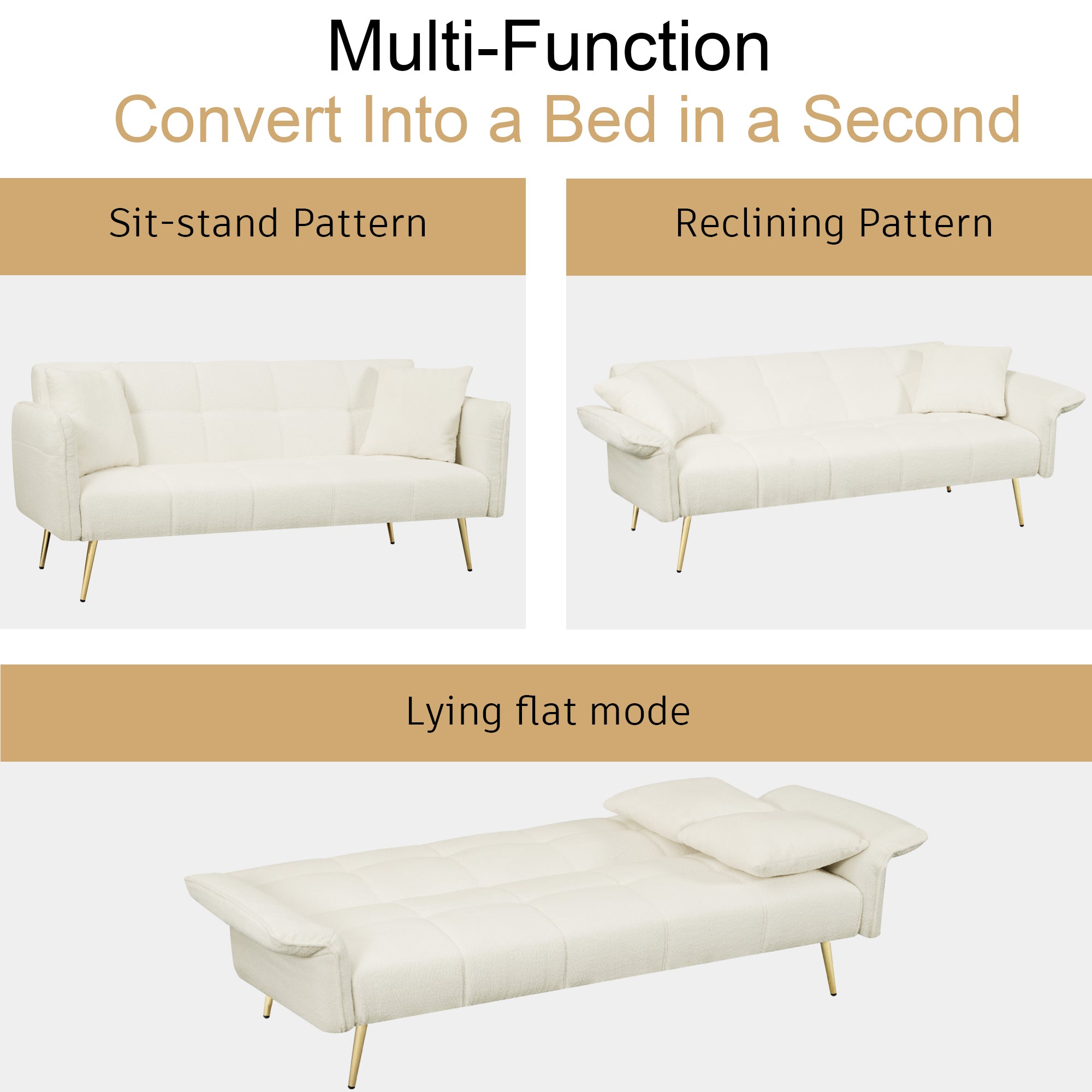 70.1 "Futon Sofa Bed, Convertible Double Sofa Bed With Folding Armrests For Living Rooms And Small Spaces Beige Light Brown Velvet Wood Primary Living Space Medium Soft Loose Back Contemporary Eucalyptus Foam Foam 2 Seat