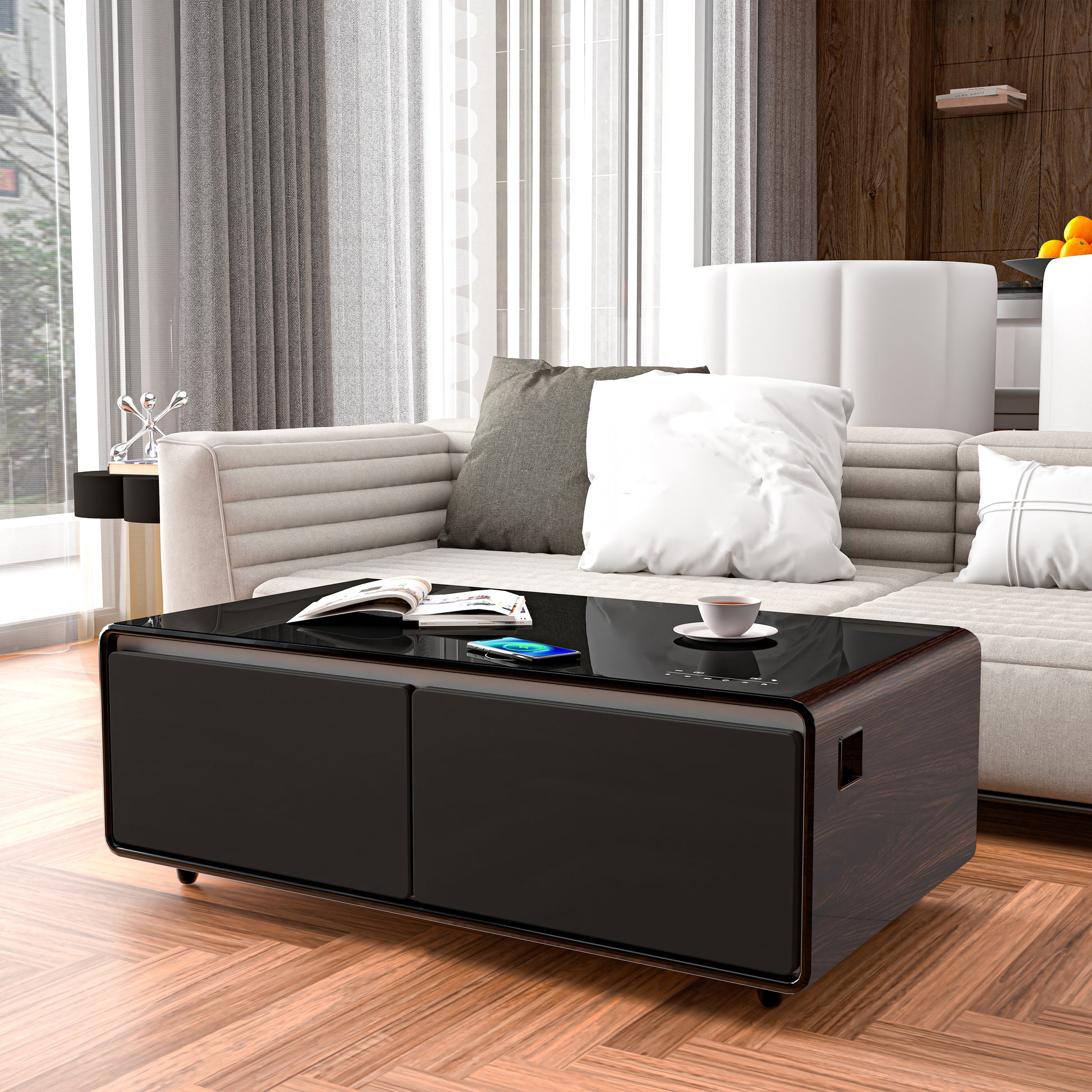 Modern Smart Coffee Table With Built In Fridge, Bluetooth Speaker, Wireless Charging Module, Touch Control Panel, Power Socket, Usb Interface, Outlet Protection, Atmosphere Light, And More, Brown Black Brown Built In Outlets Or Usb Primary Living Space