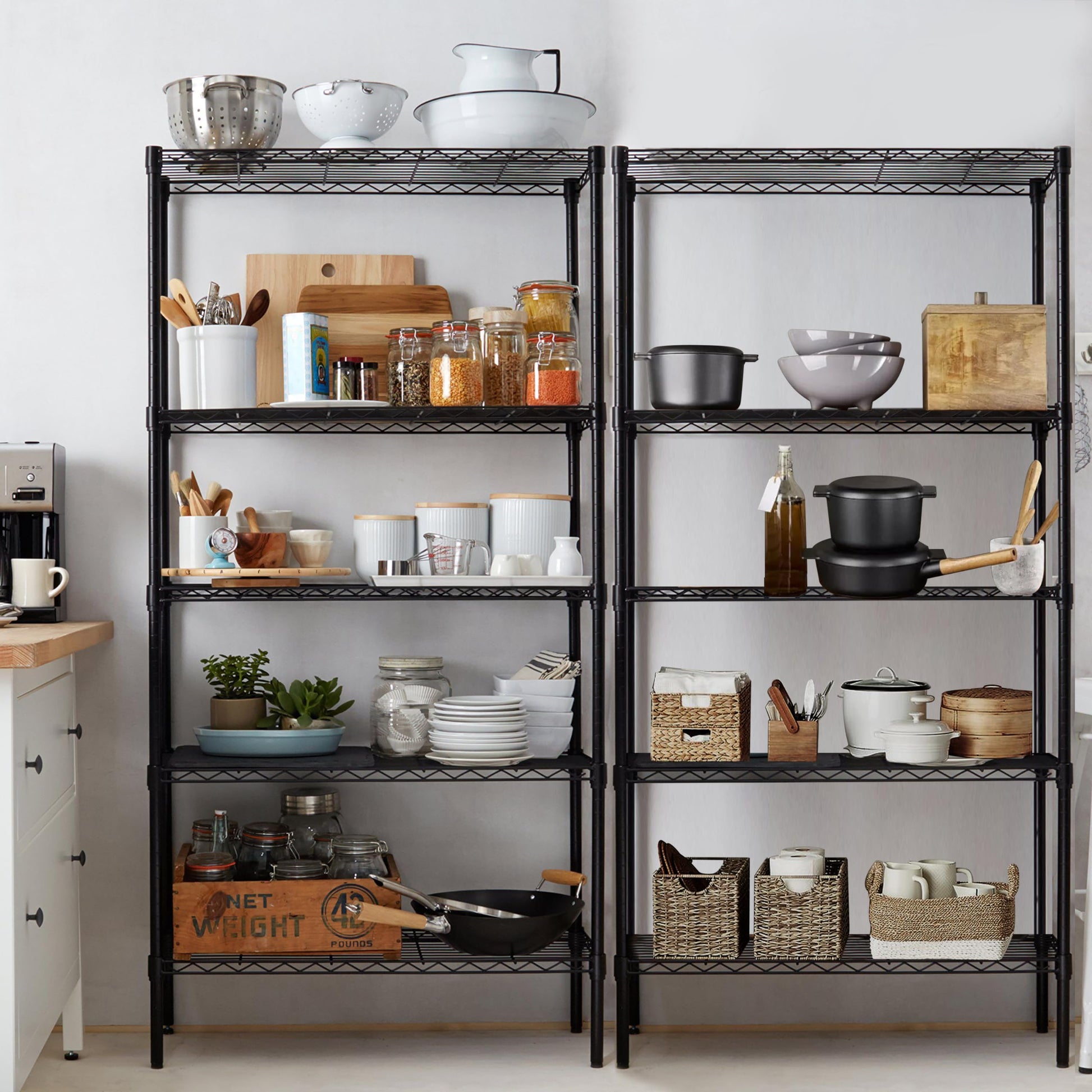 Heavy Duty Shelving Unit, Wire Metal Stackable Storage, 5 Tier Shelf, Chrome, 21" W X 12" D X 54" H 5 Black Metal Stackable Iron