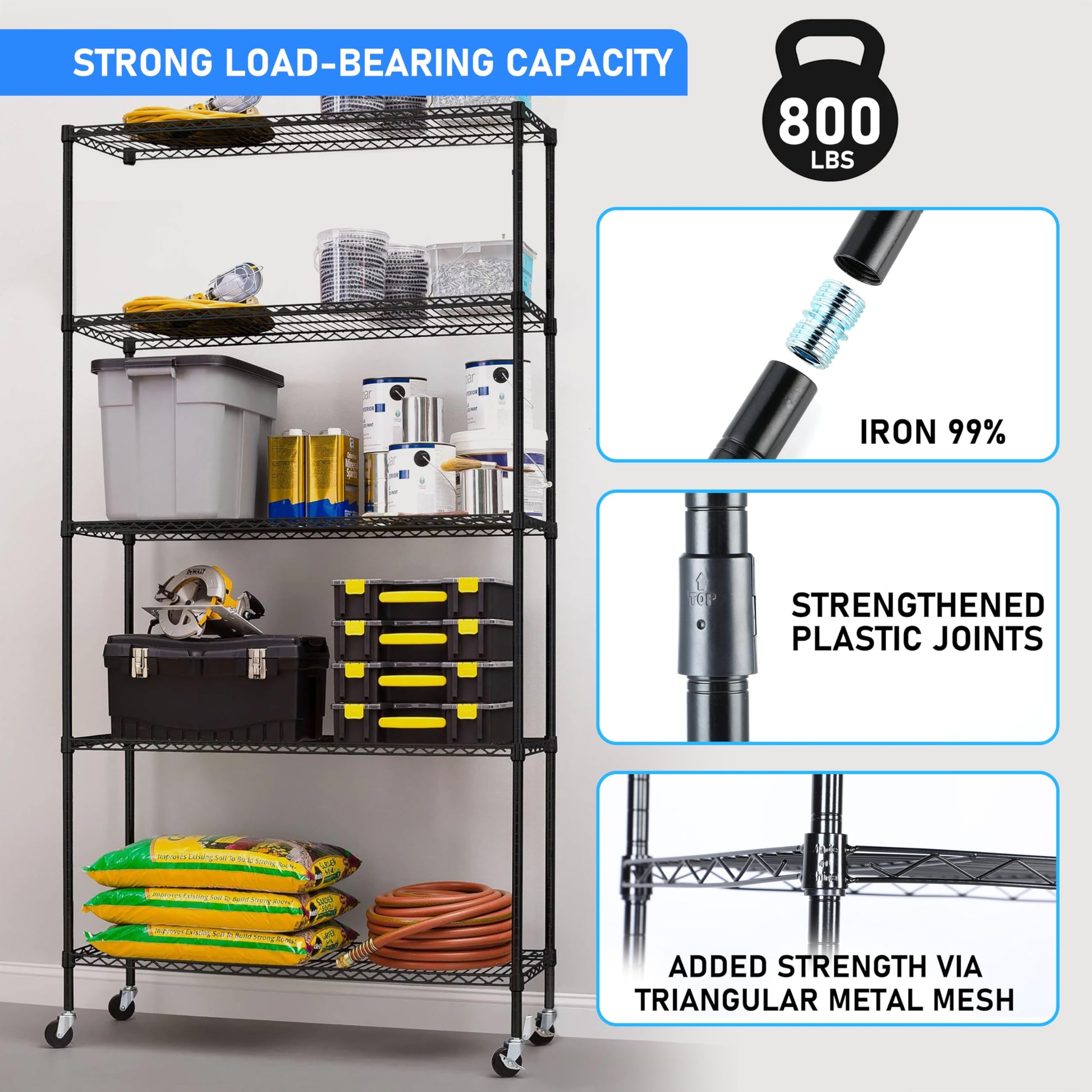 Heavy Duty Shelving Unit, Wire Metal Stackable Storage, 5 Tier Shelf, Chrome, 21" W X 12" D X 54" H 5 Black Metal Stackable Iron