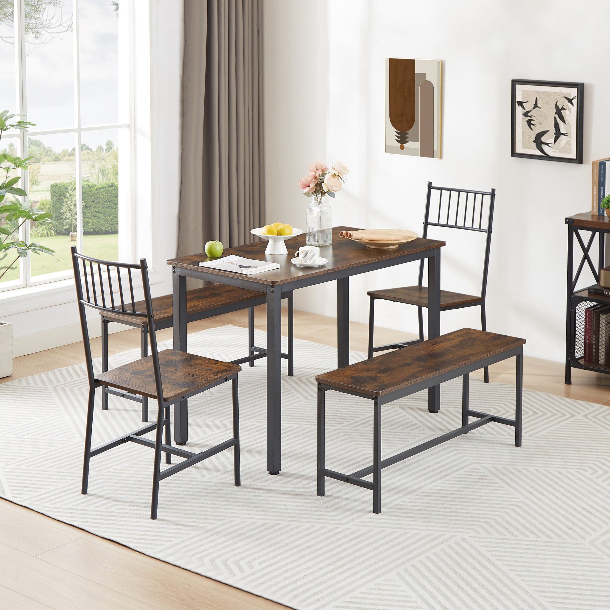 Dining Table Set, Barstool Dining Table With 2 Benches 2 Back Chairs, Industrial Dining Table For Kitchen Breakfast Table, Living Room, Party Room, Rustic Brown And Black,43.3 L X 23.6 W X 29.9 H Rustic Brown Seats 6 Particle Board