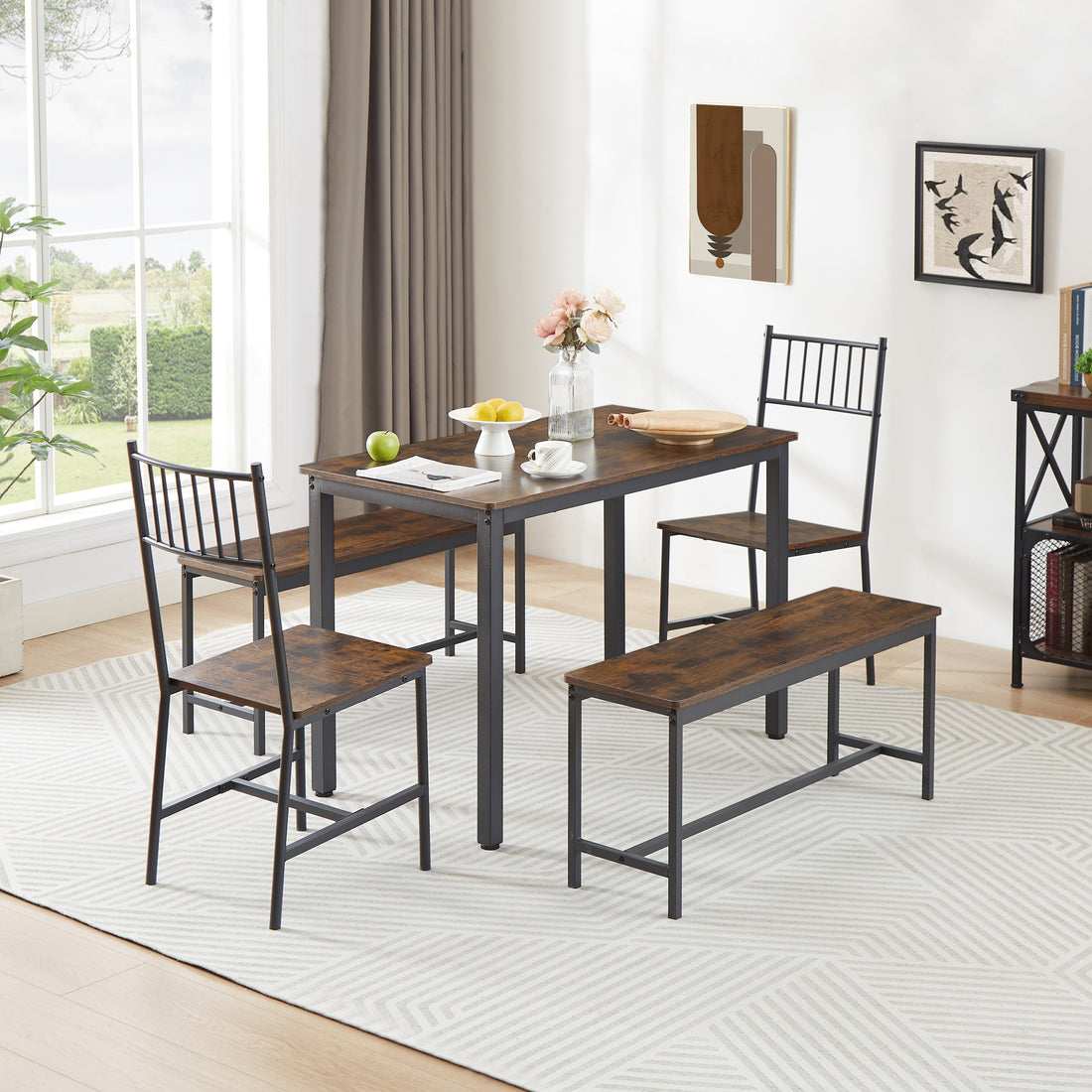 Dining Table Set, Barstool Dining Table With 2 Benches 2 Back Chairs, Industrial Dining Table For Kitchen Breakfast Table, Living Room, Party Room, Rustic Brown And Black,43.3 L X 23.6 W X 29.9 H Rustic Brown Seats 6 Particle Board
