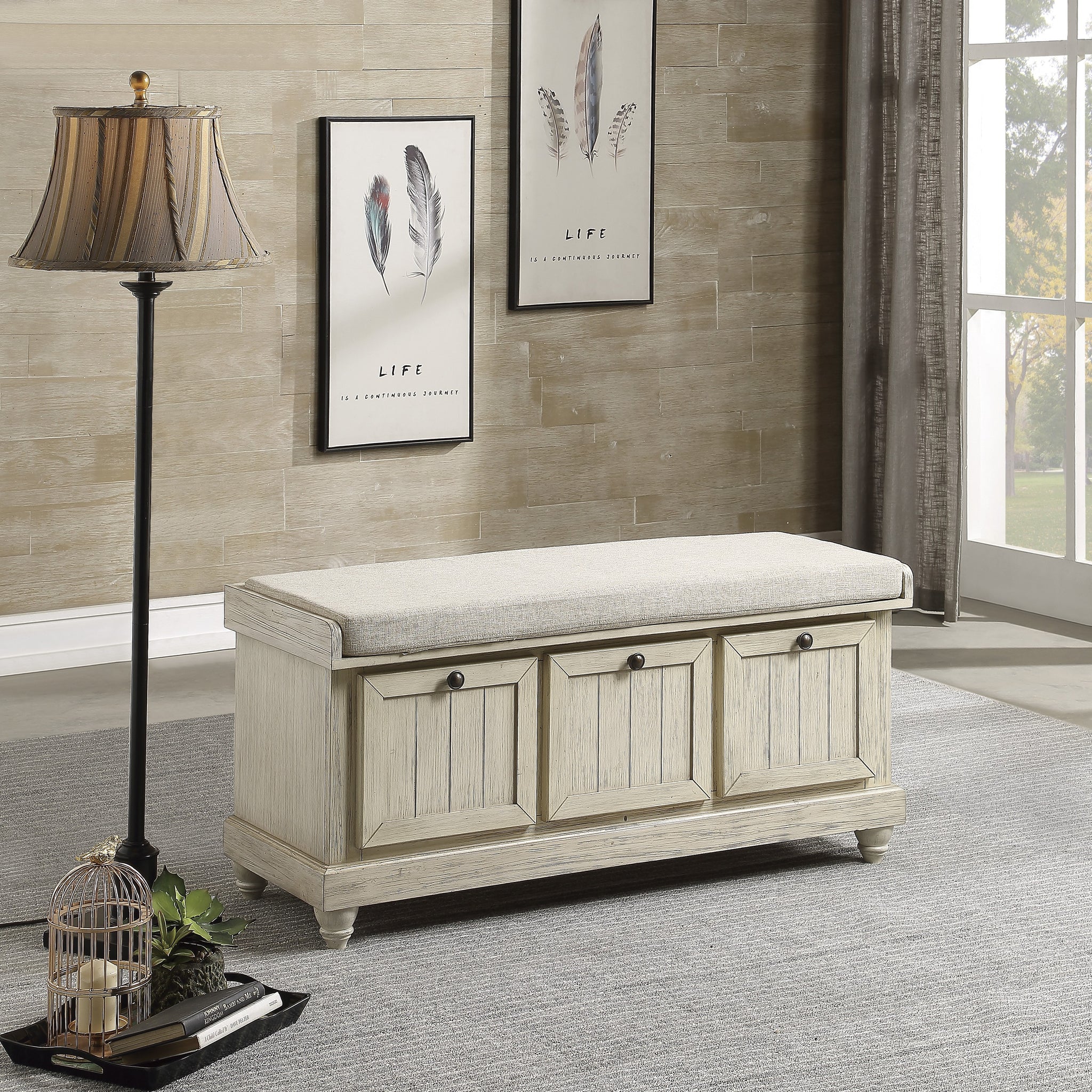 1Pc Durable Storage Bench White Finish Foam Cushioned Seat Beige Upholstery Flip Top Seat Solid Wood Home Furniture Distressed Finish White Polyester Primary Living Space Beige Flip Top Solid Wood