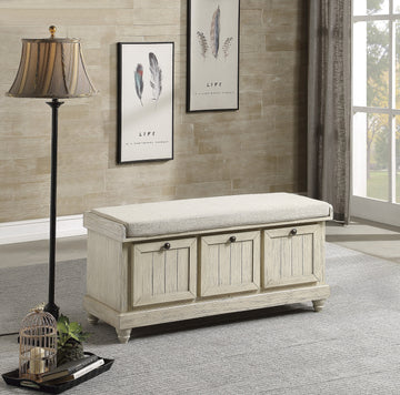 1Pc Durable Storage Bench White Finish Foam Cushioned Seat Beige Upholstery Flip Top Seat Solid Wood Home Furniture Distressed Finish White Polyester Primary Living Space Beige Flip Top Solid Wood