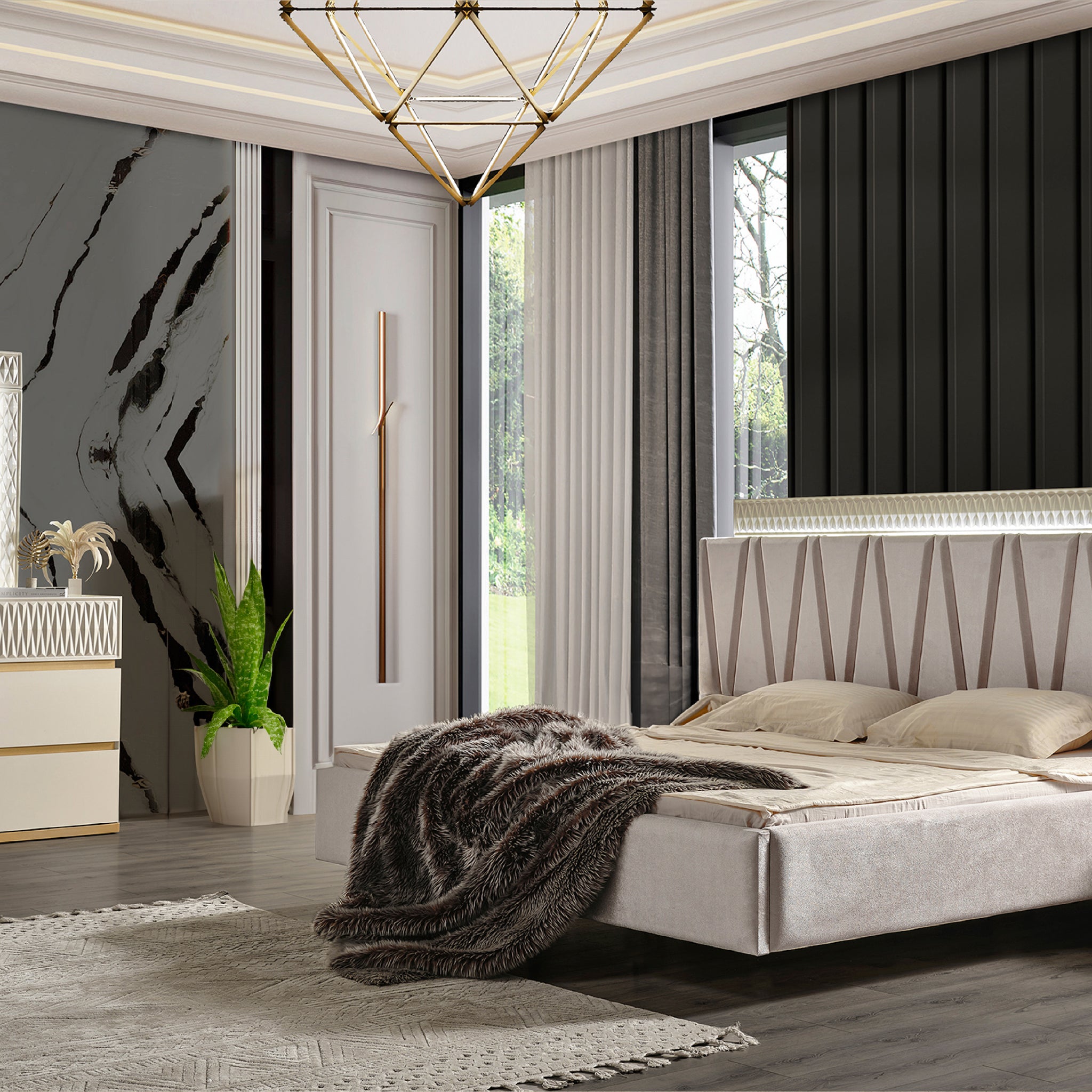 Delfano Modern Style 4 Pc Queen Bedroom Set Made With Wood In Beige Box Spring Not Required Queen Beige Wood 4 Piece Set Bedroom Bed Included,Dresser Included,Mirror Included,Nightstand Included Contemporary,Modern Solid Wood Mdf Velvet Built In Lighting