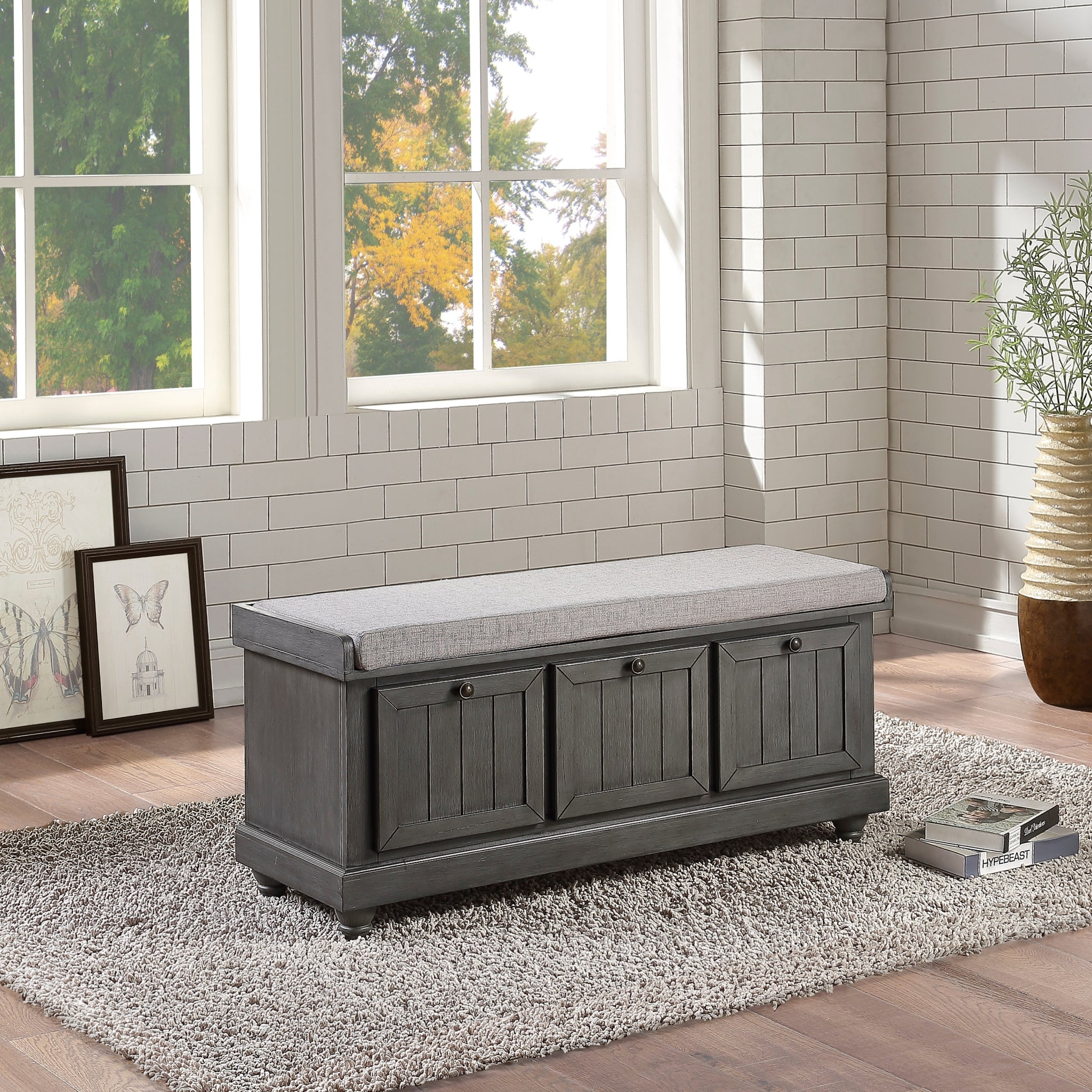 1Pc Durable Storage Bench Dark Gray Finish Foam Cushioned Seat Upholstery Flip Top Seat Solid Wood Home Furniture Distressed Finish Dark Gray Polyester Primary Living Space Grey Flip Top Solid Wood