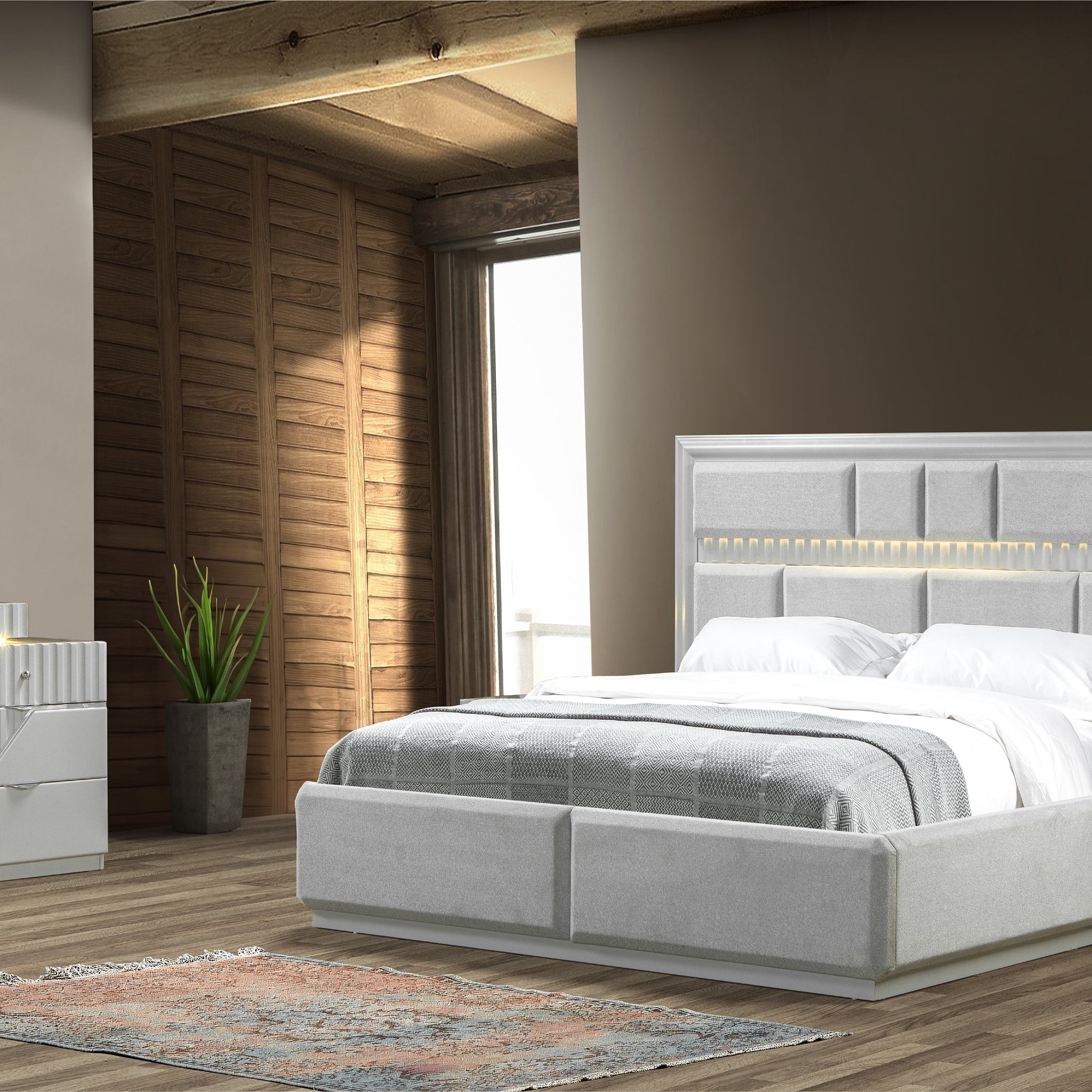 Da Vinci Modern Style 4 Pc King Bedroom Set Made With Wood In Gray Box Spring Not Required King Gray Wood 4 Piece Set Bedroom Bed Included,Dresser Included,Mirror Included,Nightstand Included Contemporary,Modern Solid Wood Mdf Built In Lighting Wood