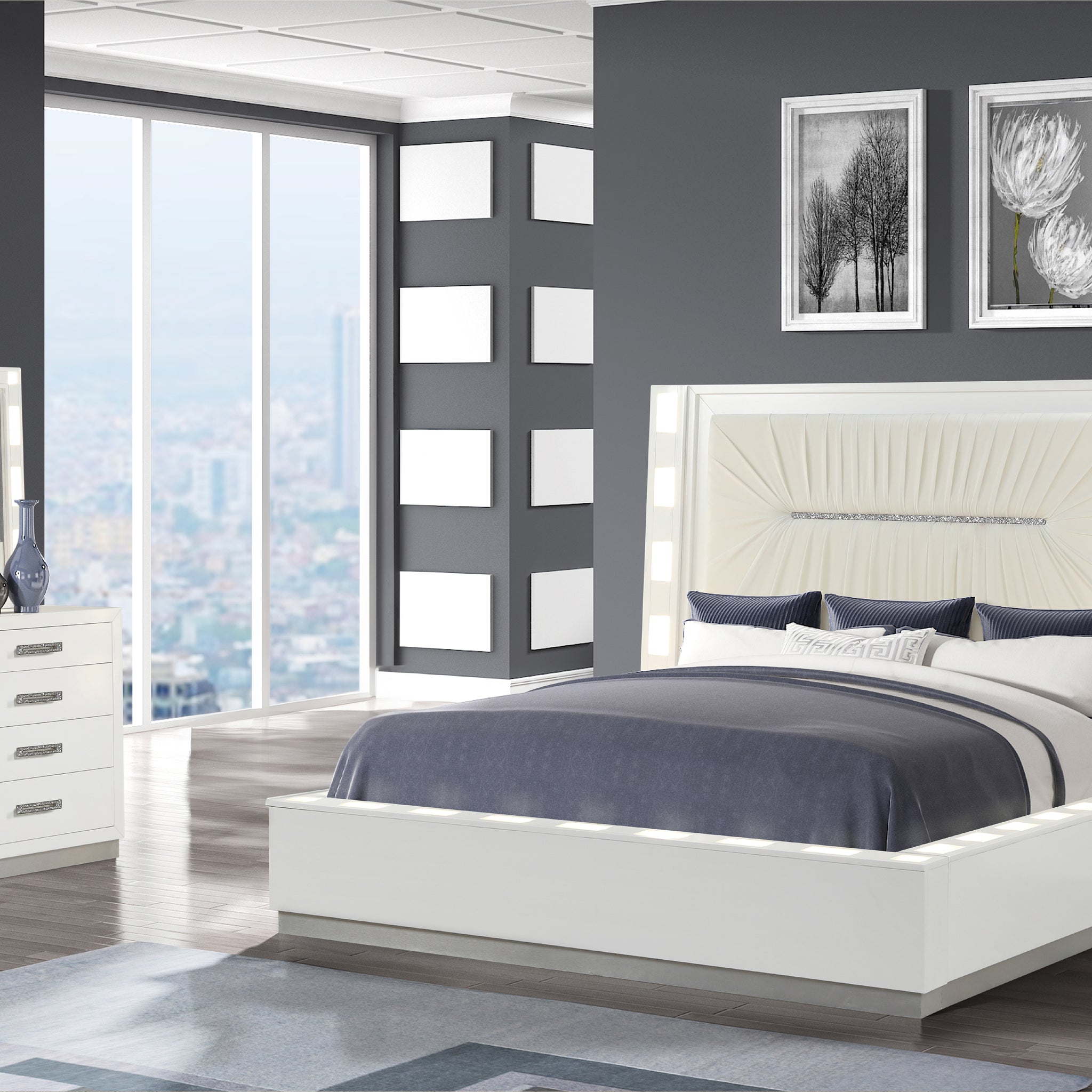 Coco Queen 4 Pc Led Bedroom Set Made With Wood In Milky White Box Spring Not Required Queen White Wood 4 Piece Set Bedroom Bed Included,Dresser Included,Mirror Included,Nightstand Included Contemporary,Modern Solid Wood Mdf Built In Lighting Wood