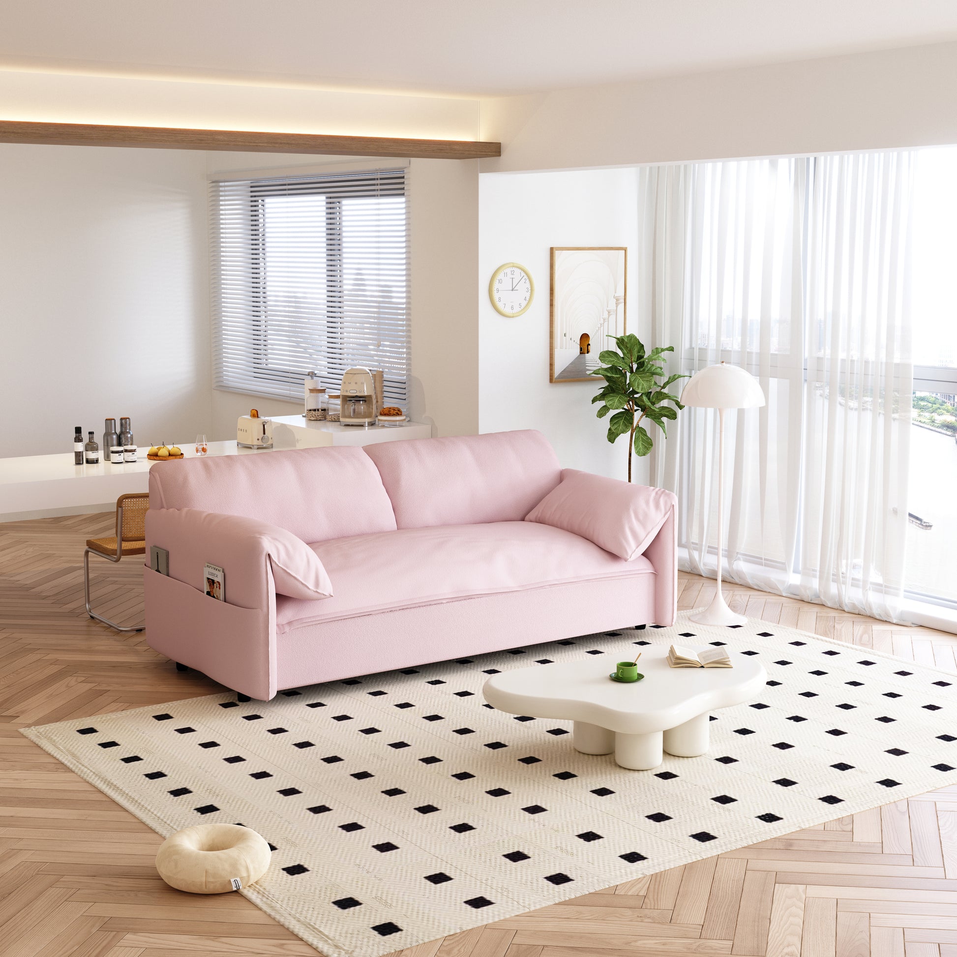 63.8" Queen Pull Out Sofa Bed, 3 In 1 Convertible Sleeper Sofa With Side Storage,Multi Functional Velvet Loveseat Bed For Living Room,Bedroom,Apartment,Office,Pink Pink Velvet Velvet 2 Seat