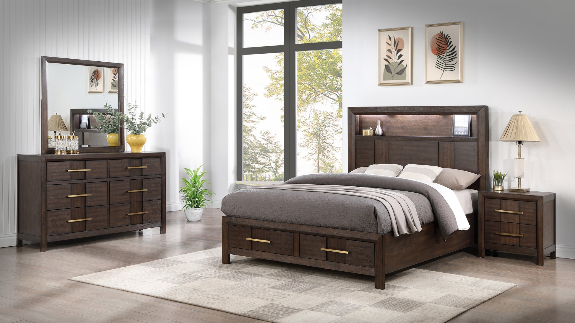 Kenzo Modern Style King 4Pc Storage Bedroom Set Made With Wood, Led Headboard, Bluetooth Speakers & Usb Ports Walnut Box Spring Not Required King Walnut Wood 4 Piece Set Bedroom Bed Included,Dresser Included,Mirror Included,Nightstand Included
