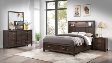 Kenzo Modern Style King 4Pc Storage Bedroom Set Made With Wood, Led Headboard, Bluetooth Speakers & Usb Ports Walnut Box Spring Not Required King Walnut Wood 4 Piece Set Bedroom Bed Included,Dresser Included,Mirror Included,Nightstand Included