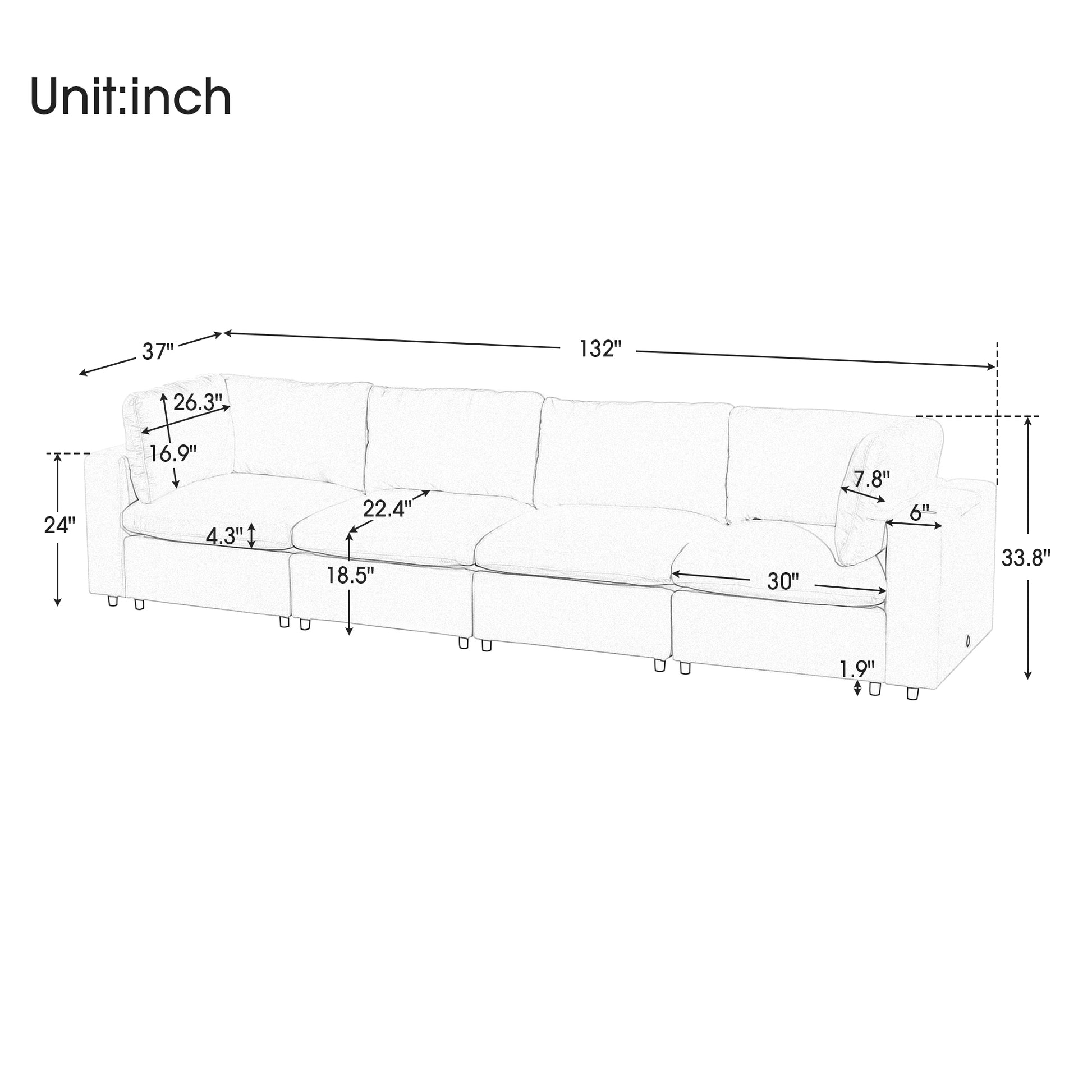Upholstered Modular Sofa With Usb Charge Ports,Wireless Charging And Built In Bluetooth Speaker In Arm,Sectional Sofa For Living Room Apartment 4 Seater Gray Polyester 4 Seat