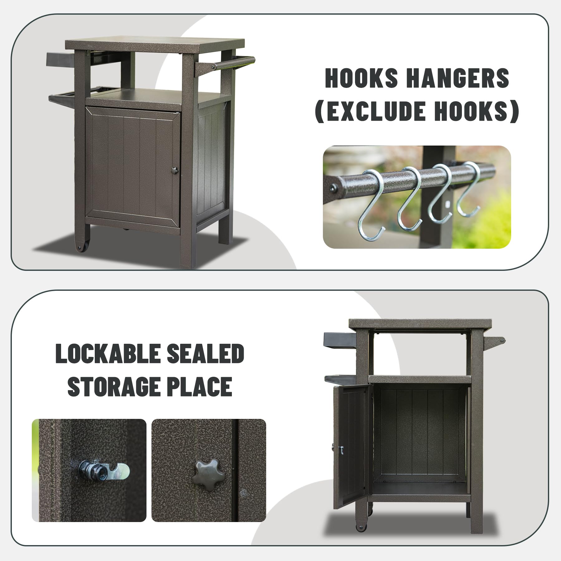 Grill Carts Outdoor With Storage And Wheels, Whole Metal Portable Table And Storage Cabinet For Bbq, Deck, Patio, Backyard Brown Brown Metal