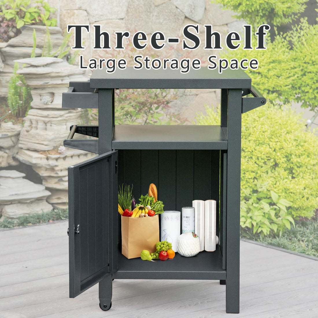 Grill Carts Outdoor With Storage And Wheels, Whole Metal Portable Table And Storage Cabinet For Bbq,Deck,Patio,Backyard Dark Grey Grey Aluminum