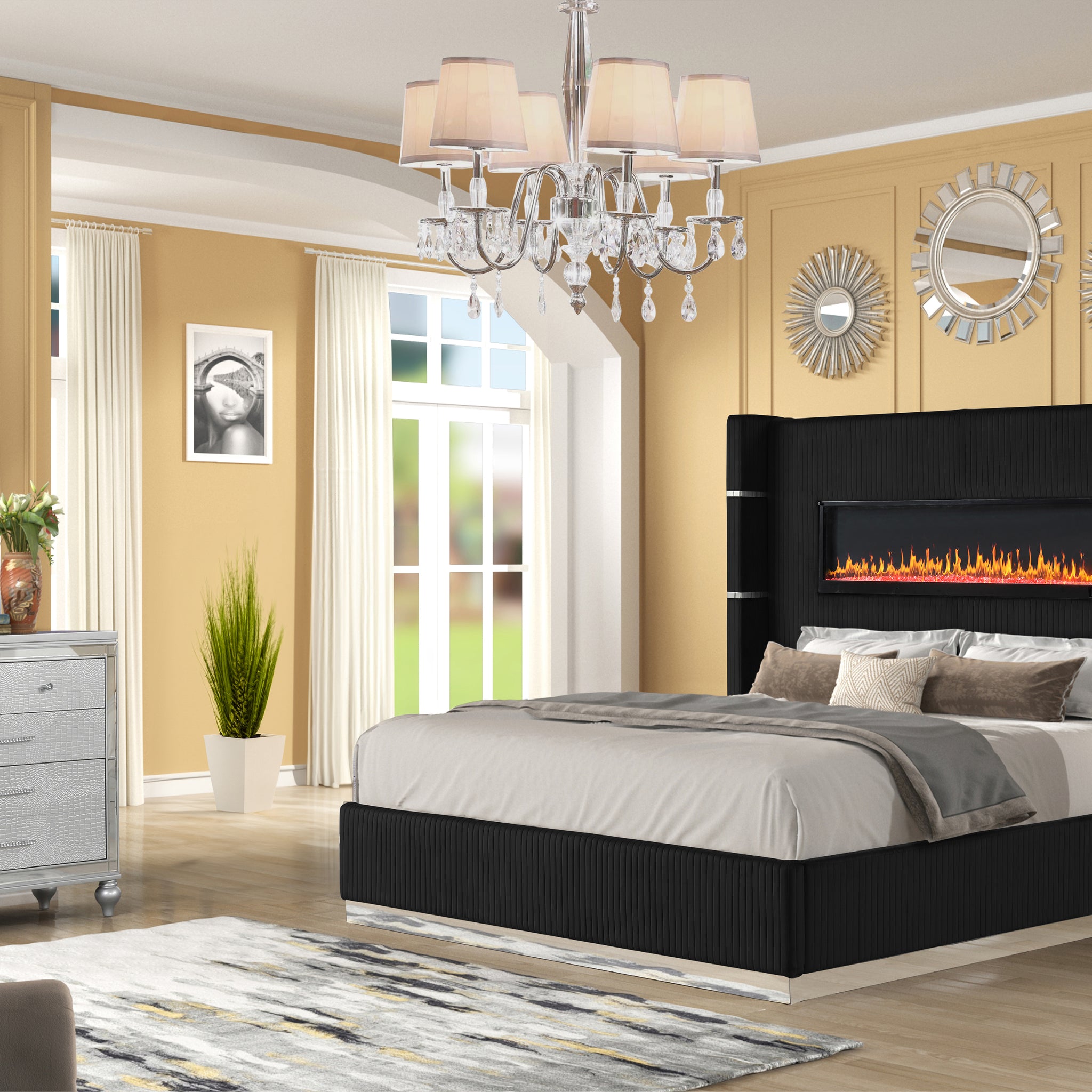 Upholstery Wooden Queen 4 Pc Bedroom Set With Ambient Lighting In Black Velvet Finish Box Spring Required Queen Black Wood 4 Piece Set Bedroom Bed Included,Dresser Included,Mirror