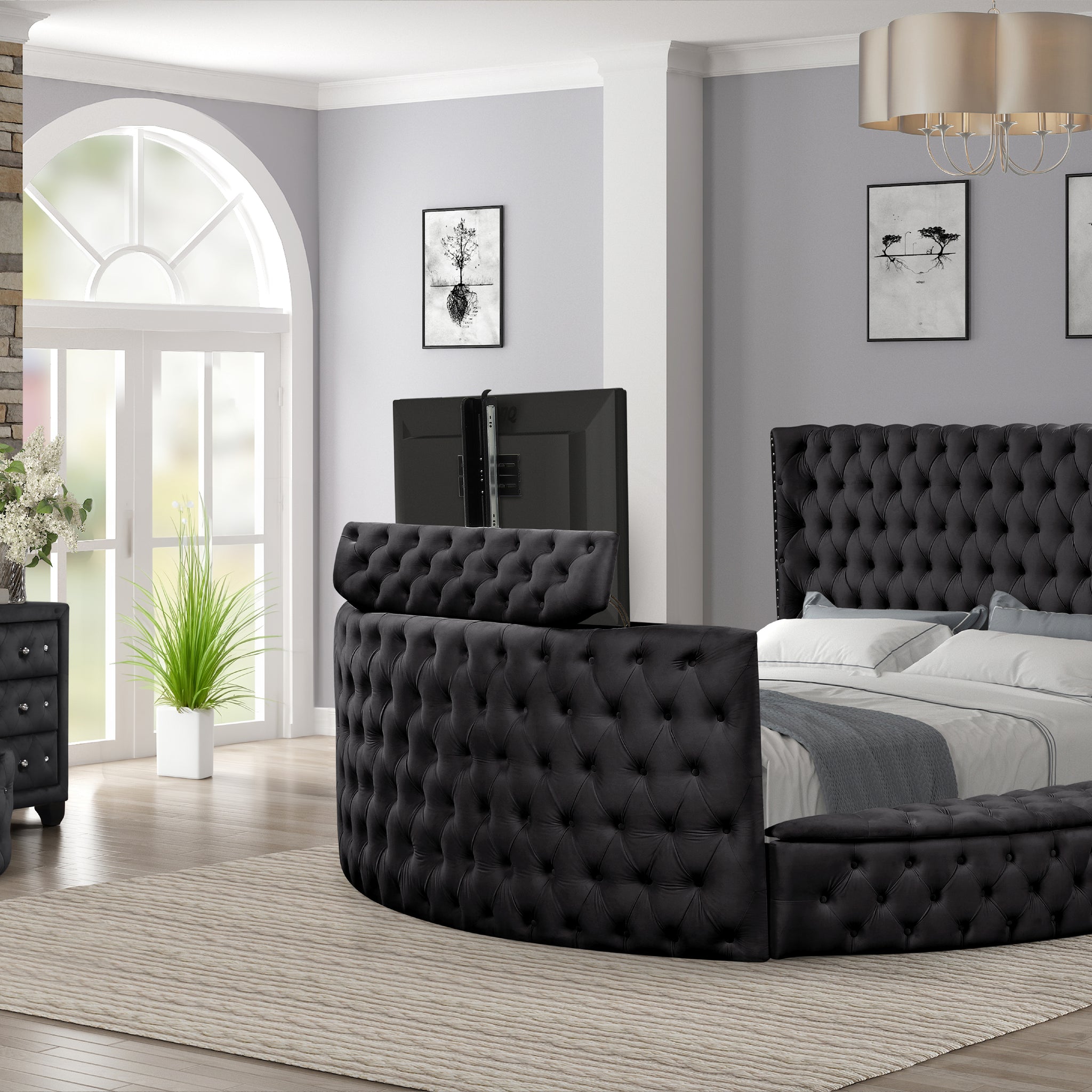 Crystal Tufted Queen 4 Pc Vanity Bedroom Set Made With Wood In Black Box Spring Not Required Queen Black Wood 4 Piece Set Bedroom Modern Upholstered Tufted Wood
