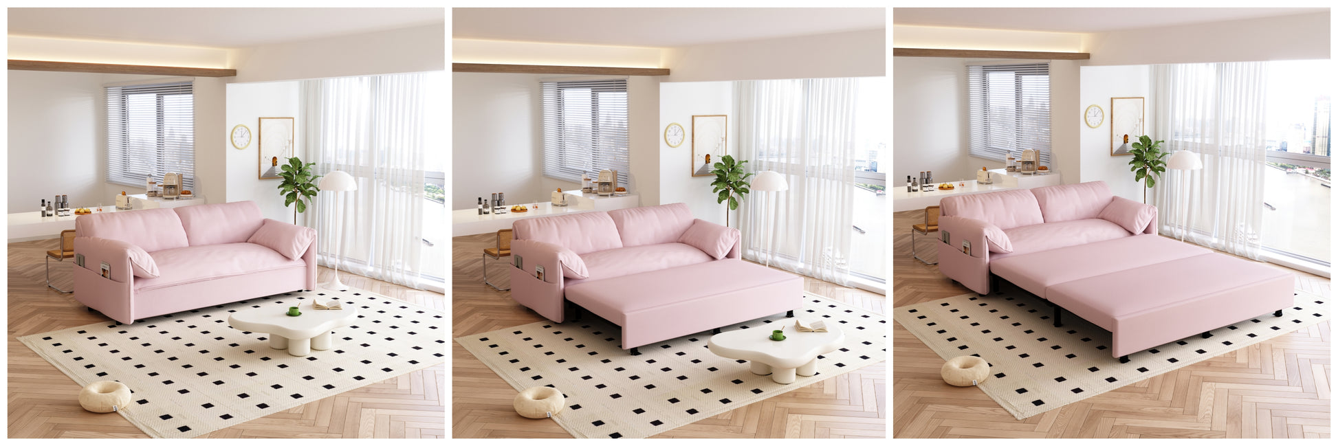 63.8" Queen Pull Out Sofa Bed, 3 In 1 Convertible Sleeper Sofa With Side Storage,Multi Functional Velvet Loveseat Bed For Living Room,Bedroom,Apartment,Office,Pink Pink Velvet Velvet 2 Seat