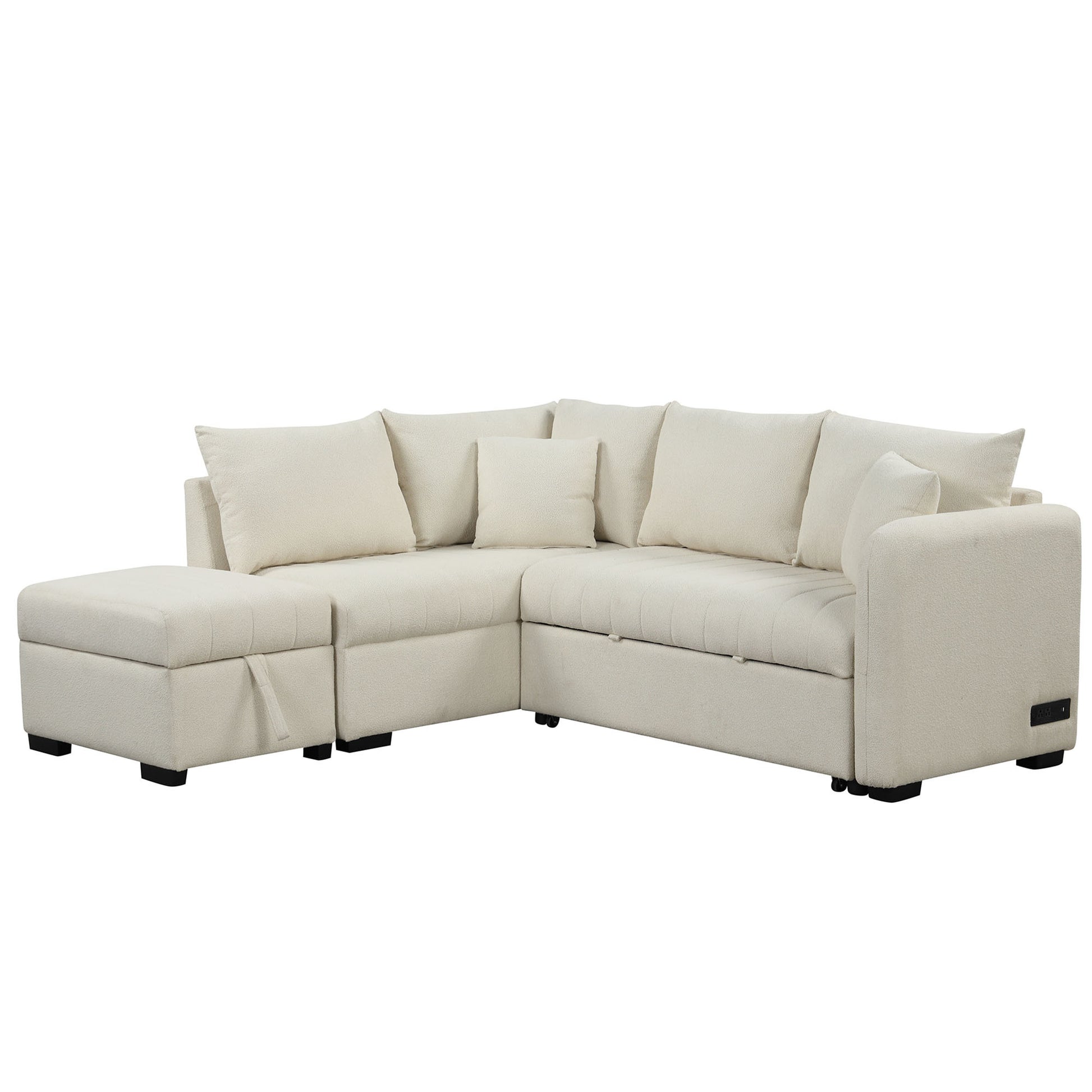 82.6" L Shaped Sectional Pull Out Sofa Bed Sleeper Sofa With Two Usb Ports, Two Power Sockets And A Movable Storage Ottoman, Beige Beige Foam Polyester