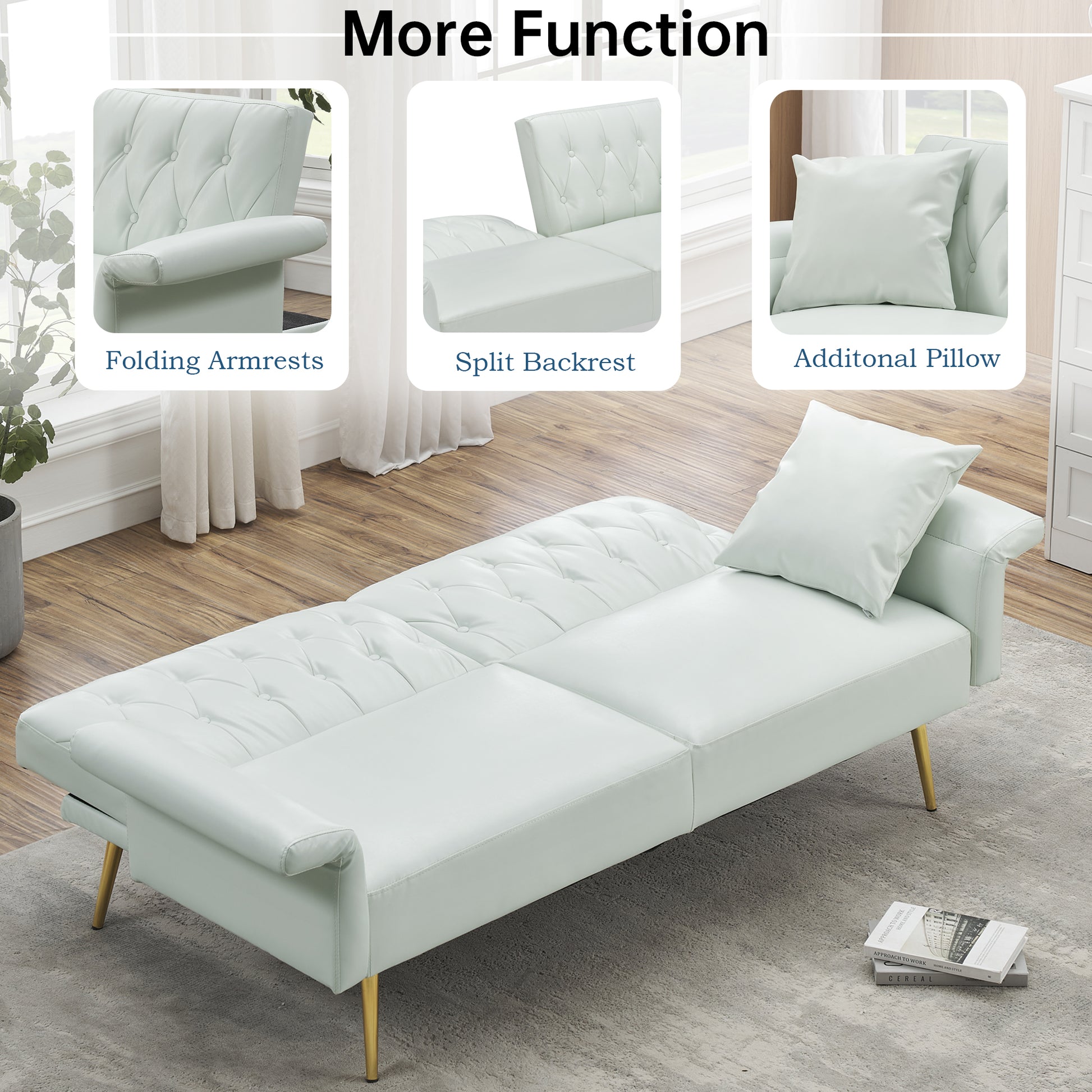 67.71 Inch Faux Leather Sofa Bed With Adjustment Armres White Light Brown Faux Leather Wood Primary Living Space Medium Soft Loose Back Contemporary Eucalyptus Square Arms Foam Pvc 2 Seat