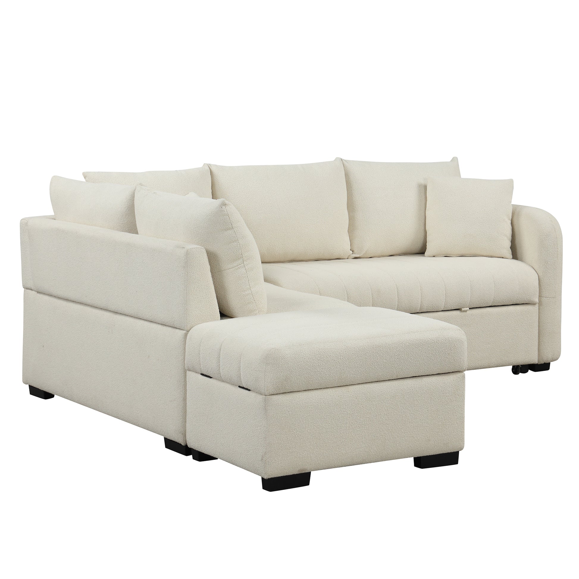 82.6" L Shaped Sectional Pull Out Sofa Bed Sleeper Sofa With Two Usb Ports, Two Power Sockets And A Movable Storage Ottoman, Beige Beige Foam Polyester