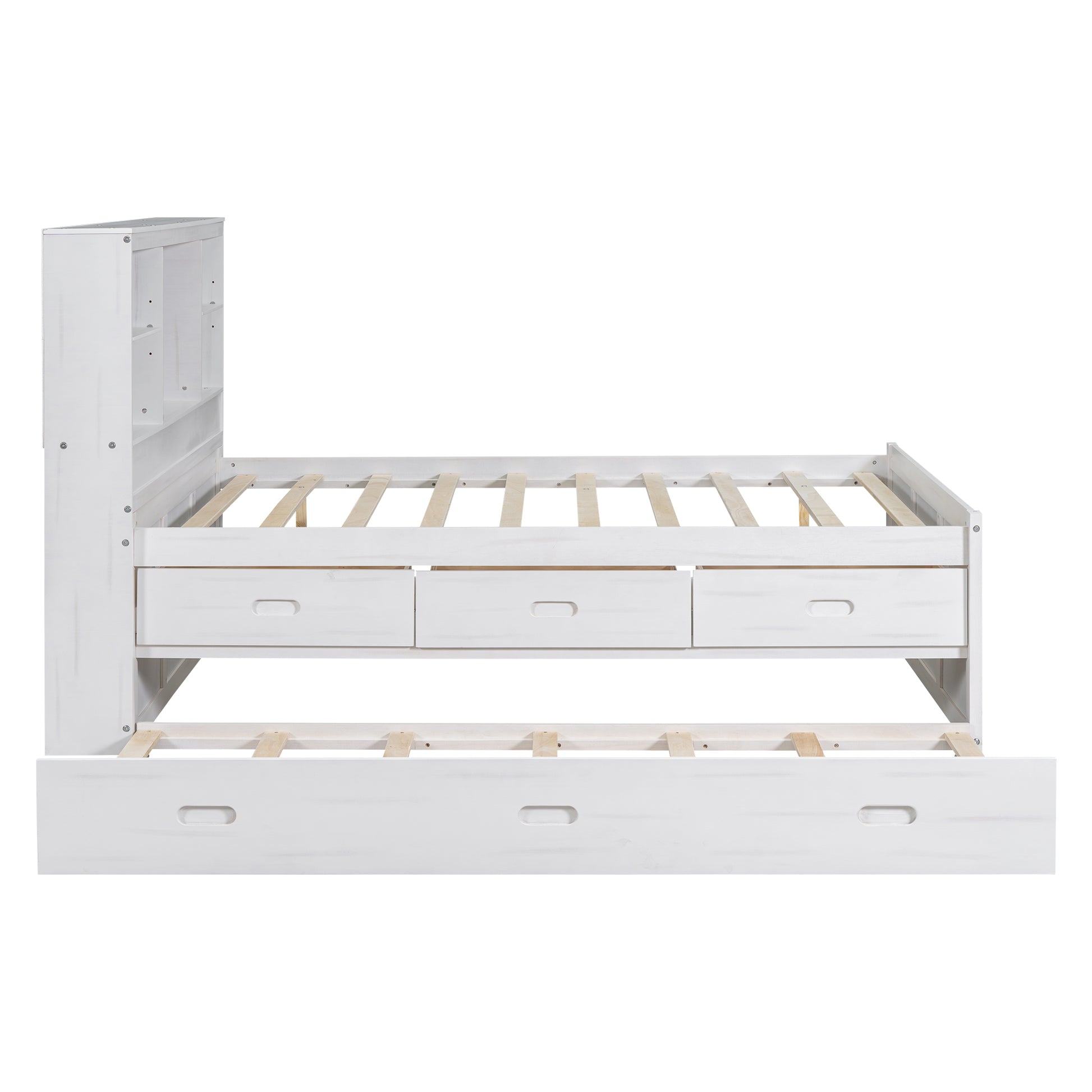 Full Size Platform Bed With Storage Headboard, Charging Station, Twin Size Trundle And 3 Drawers, Antique White Box Spring Not Required Twin Antique White Wood Bedroom Bed Frame Solid Wood Mdf