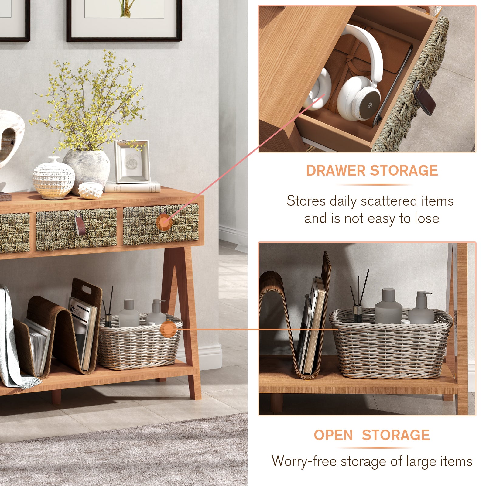 Mid Century Modern Console Table With Storage For Entryway, Multi Functional Entryway Table With 3 Drawers,Sofa Table Behind Couch With Open Storage Shelf For Living Room And Foyers Brown Oak Brown Soft Close Drawers Triangular Primary Living Space Mid