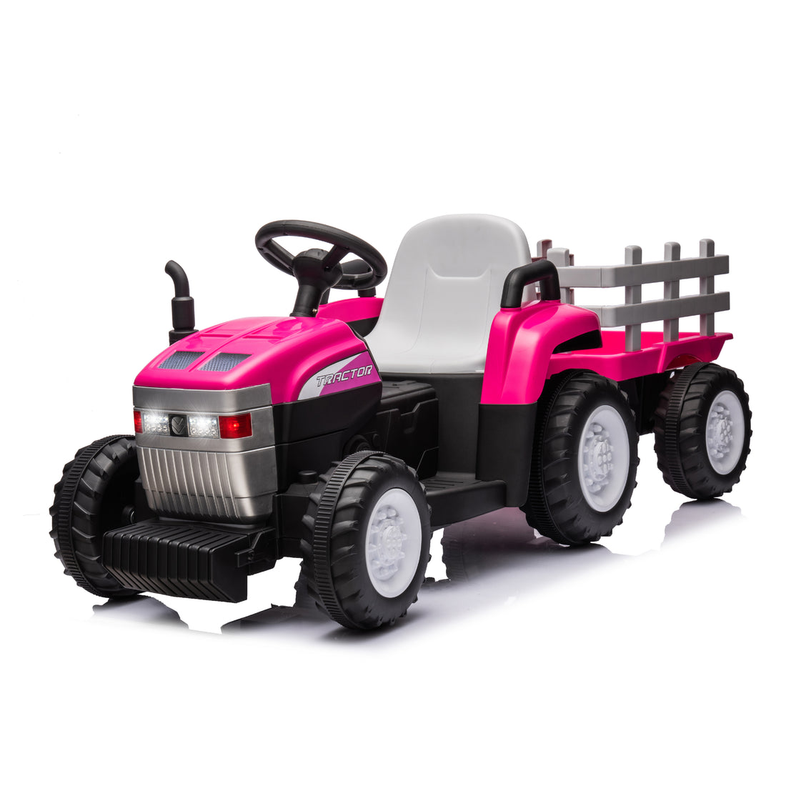 Pink, 12V7Ah Battery Powered Toy Tractor With Trailer, Remote Control, Kids' Electric Excavator Vehicles With 2X35W Dual Motor, Treaded Tires, Led Lights, Usb, Music, Safety Belt Gift Childrens Day