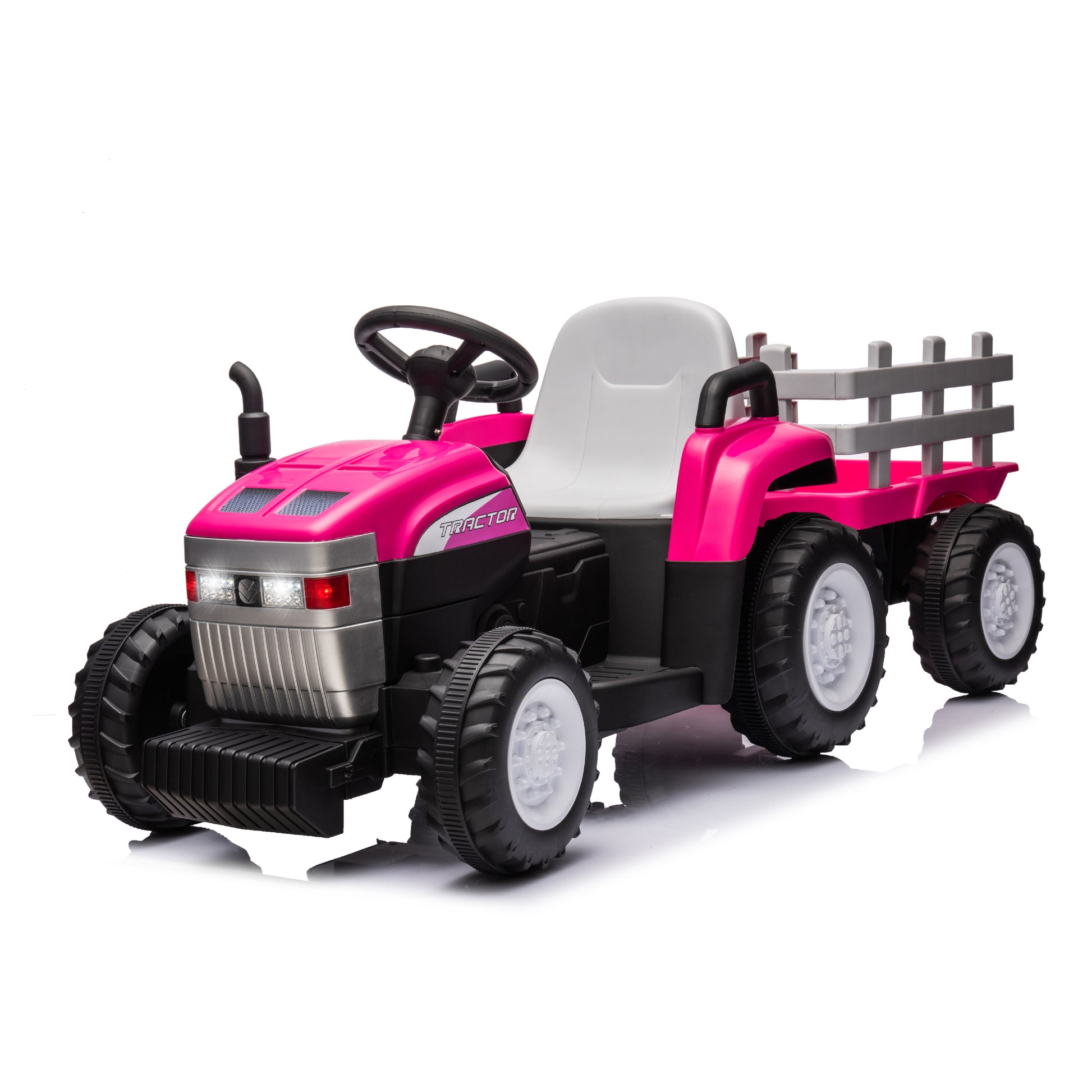 Pink, 12V7Ah Battery Powered Toy Tractor With Trailer, Remote Control, Kids' Electric Excavator Vehicles With 2X35W Dual Motor, Treaded Tires, Led Lights, Usb, Music, Safety Belt Gift Childrens Day