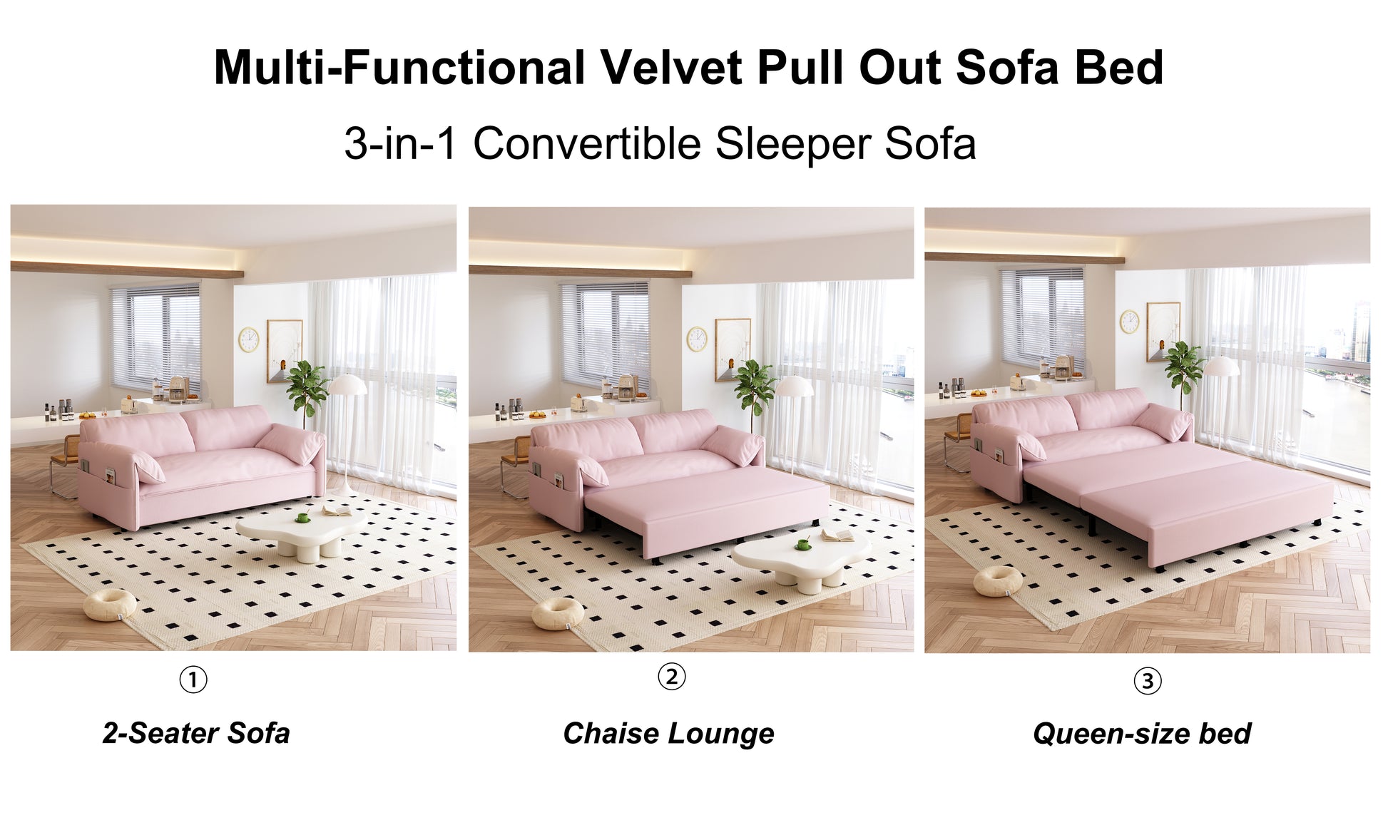 63.8" Queen Pull Out Sofa Bed, 3 In 1 Convertible Sleeper Sofa With Side Storage,Multi Functional Velvet Loveseat Bed For Living Room,Bedroom,Apartment,Office,Pink Pink Velvet Velvet 2 Seat
