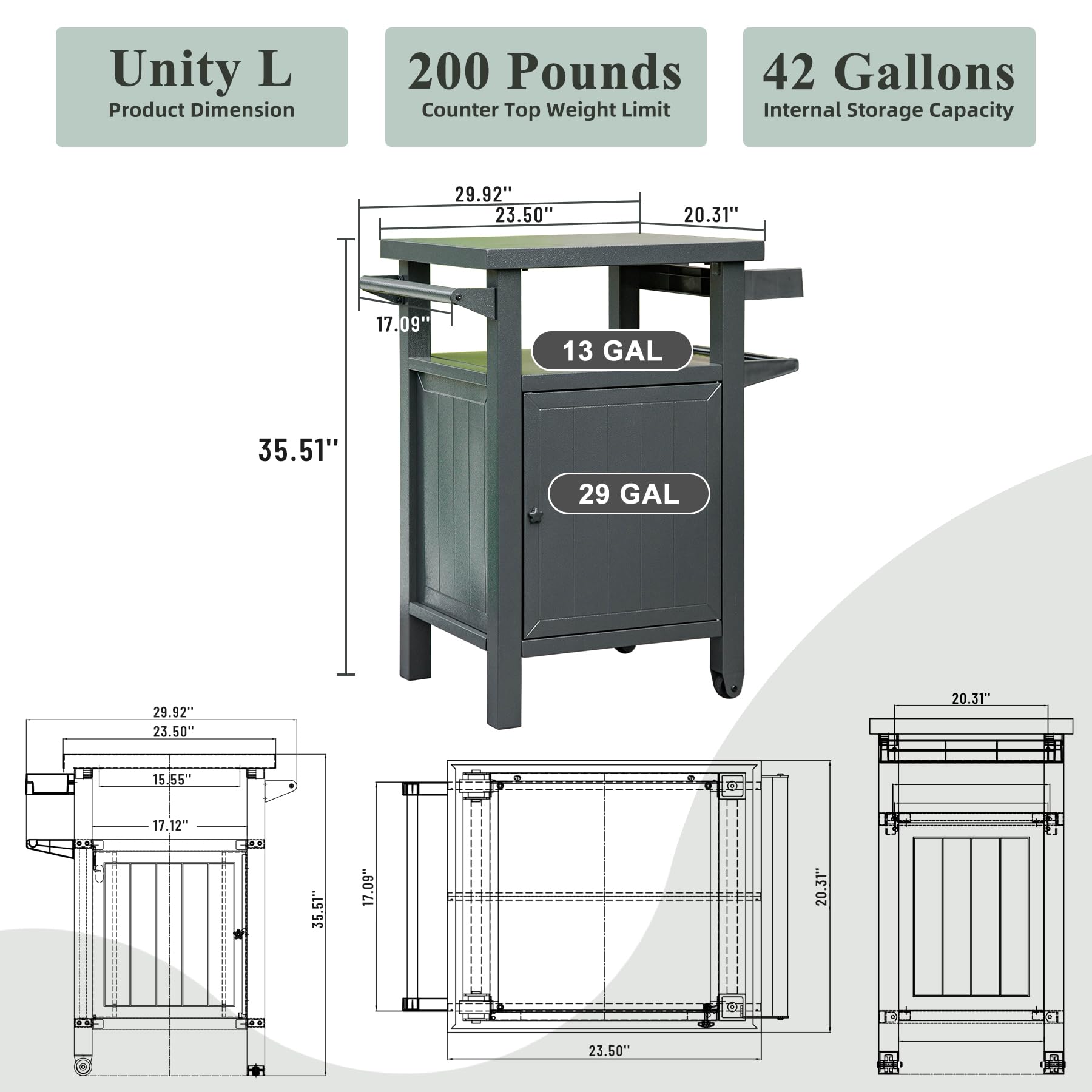Grill Carts Outdoor With Storage And Wheels, Whole Metal Portable Table And Storage Cabinet For Bbq,Deck,Patio,Backyard Dark Grey Grey Aluminum