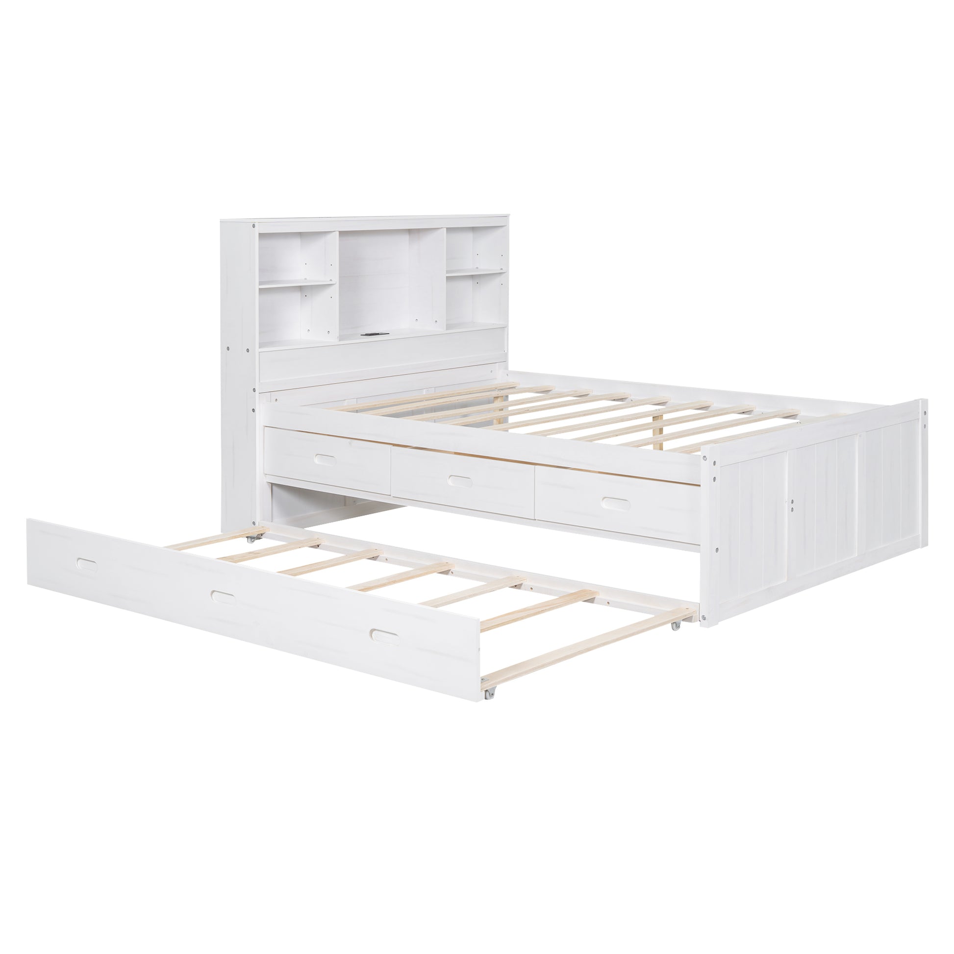 Full Size Platform Bed With Storage Headboard, Charging Station, Twin Size Trundle And 3 Drawers, Antique White Box Spring Not Required Twin Antique White Wood Bedroom Bed Frame Solid Wood Mdf