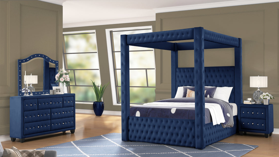 Monica Luxurious Four Poster Full 4 Pc Bed Made With Wood In Navy Box Spring Not Required Full Navy Wood 4 Piece Set Bedroom Modern Upholstered Velvet Tufted Wood