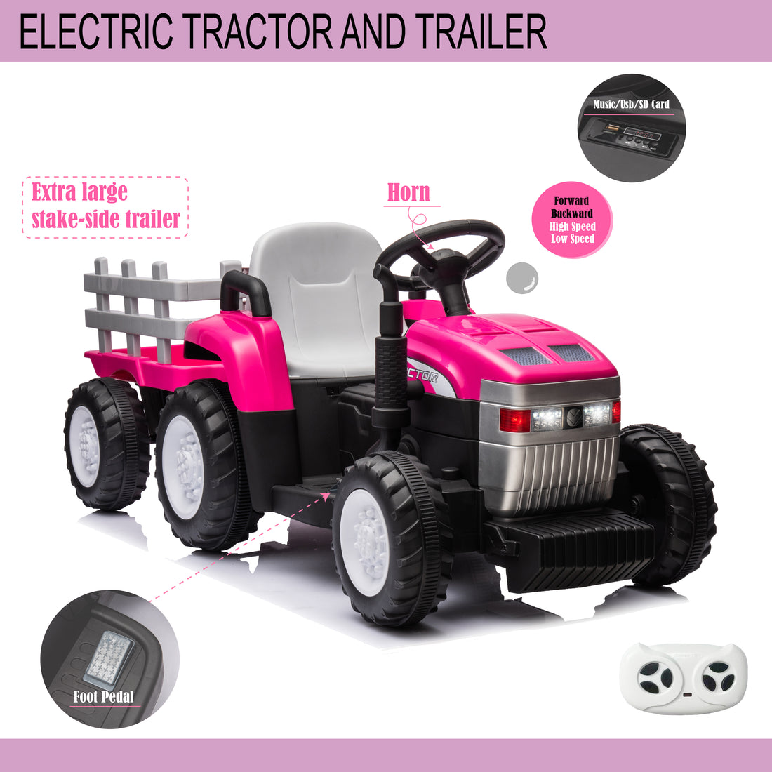 Pink, 12V7Ah Battery Powered Toy Tractor With Trailer, Remote Control, Kids' Electric Excavator Vehicles With 2X35W Dual Motor, Treaded Tires, Led Lights, Usb, Music, Safety Belt Gift Childrens Day