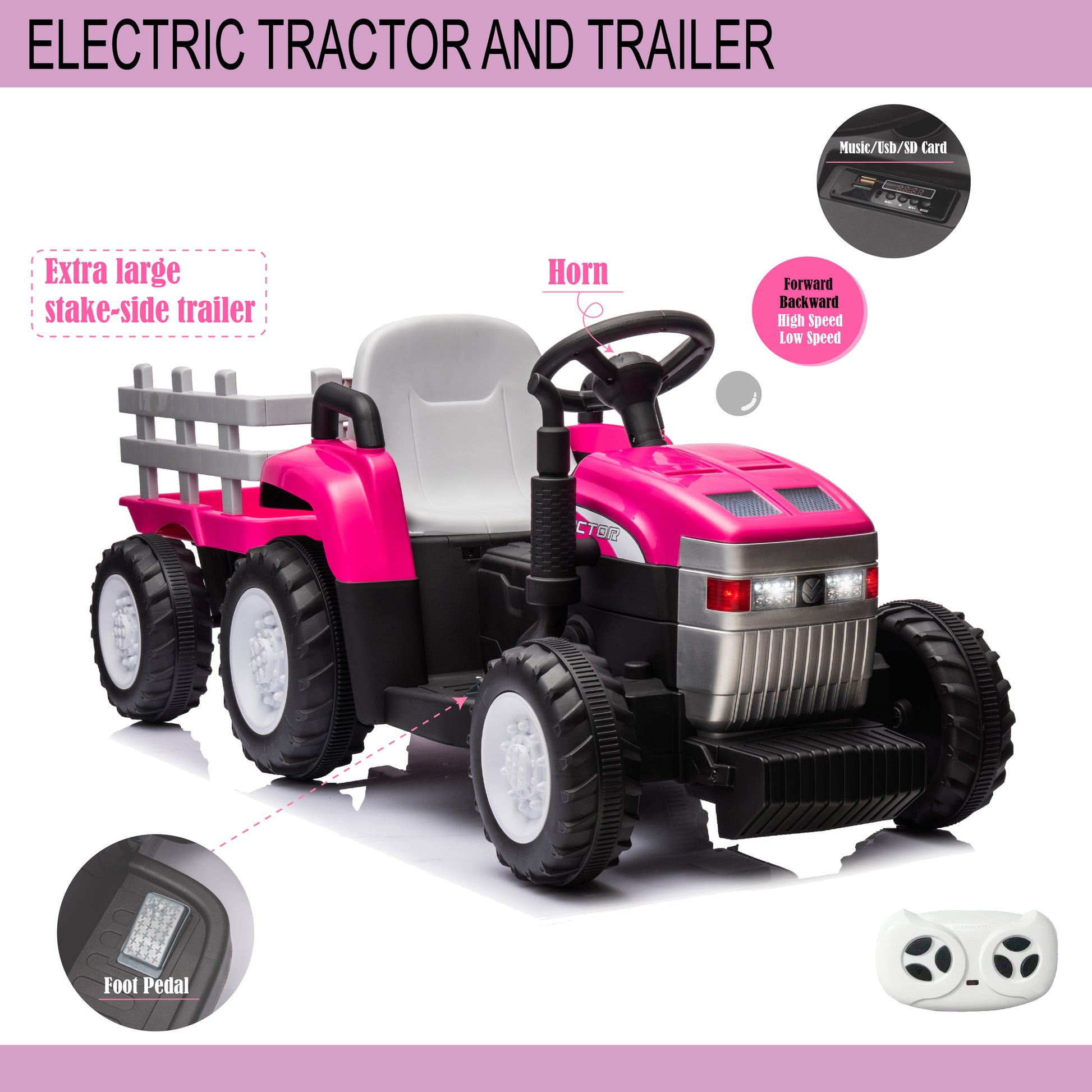 Pink, 12V7Ah Battery Powered Toy Tractor With Trailer, Remote Control, Kids' Electric Excavator Vehicles With 2X35W Dual Motor, Treaded Tires, Led Lights, Usb, Music, Safety Belt Gift Childrens Day