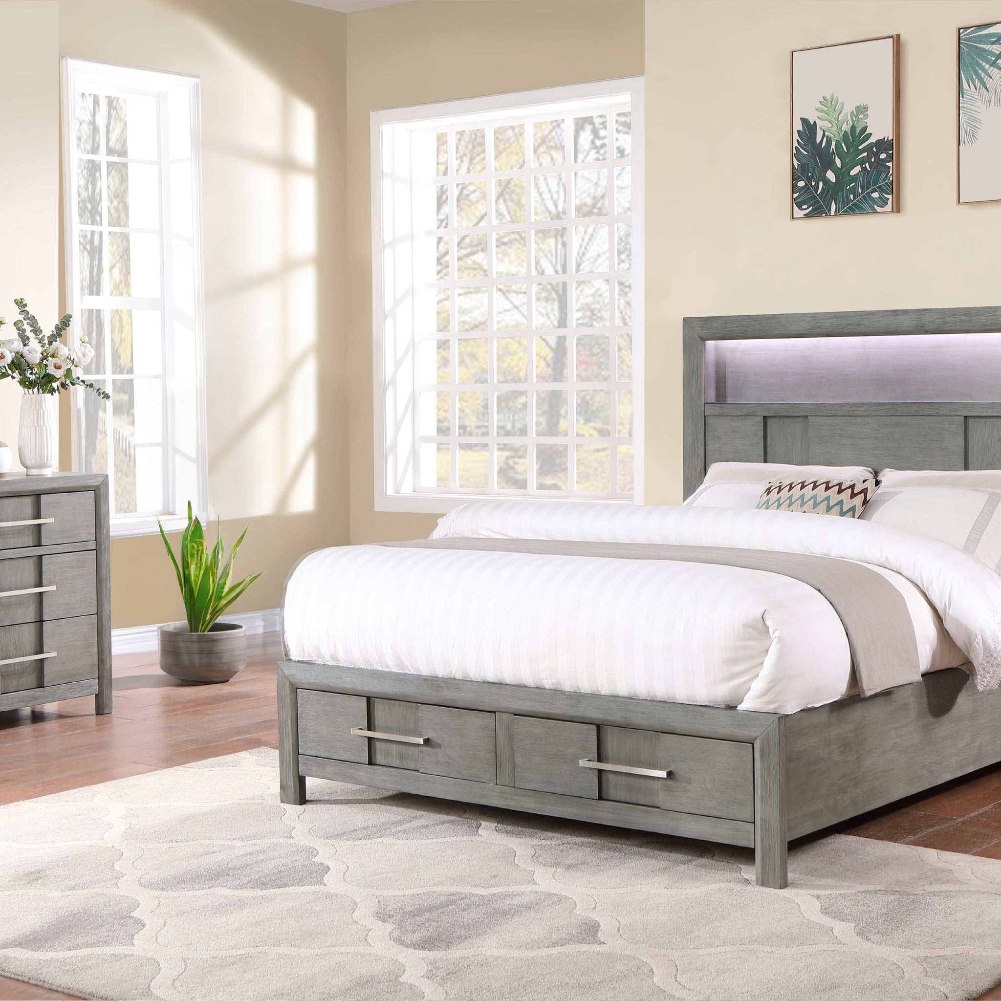 Modern Style Queen 4Pc Storage Bedroom Set Made With Wood, Led Headboard, Bluetooth Speakers & Usb Ports Grey Box Spring Not Required Queen Gray Wood 4 Piece Set Bedroom Bed Included,Dresser Included,Mirror Included,Nightstand Included