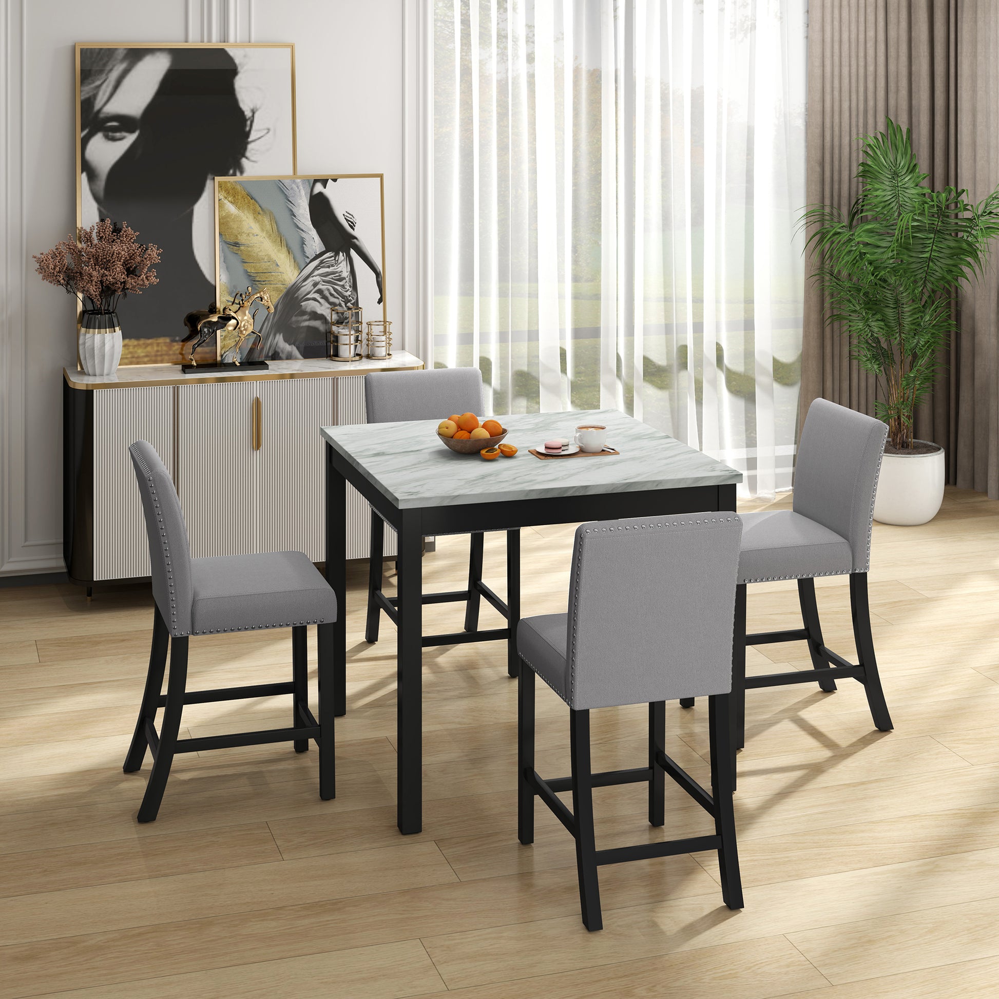 5 Piece Dining Table And Chair Set, Wooden Dining Table And Chair With 4 Chairs For Small Spaces, Modern Square Counter Height Dining Table, Compact Mid Century Modern Home Table And Chair Set, Uphols Black Gray Solid Wood Mdf