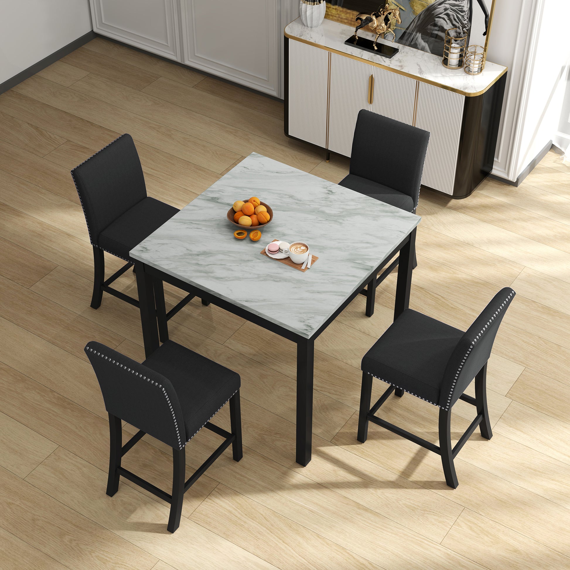 5 Piece Dining Table And Chair Set, Wooden Dining Table And Chair With 4 Chairs For Small Spaces, Modern Square Counter Height Dining Table, Compact Mid Century Modern Home Table And Chair Set, Uphols Black Gray Solid Wood Mdf