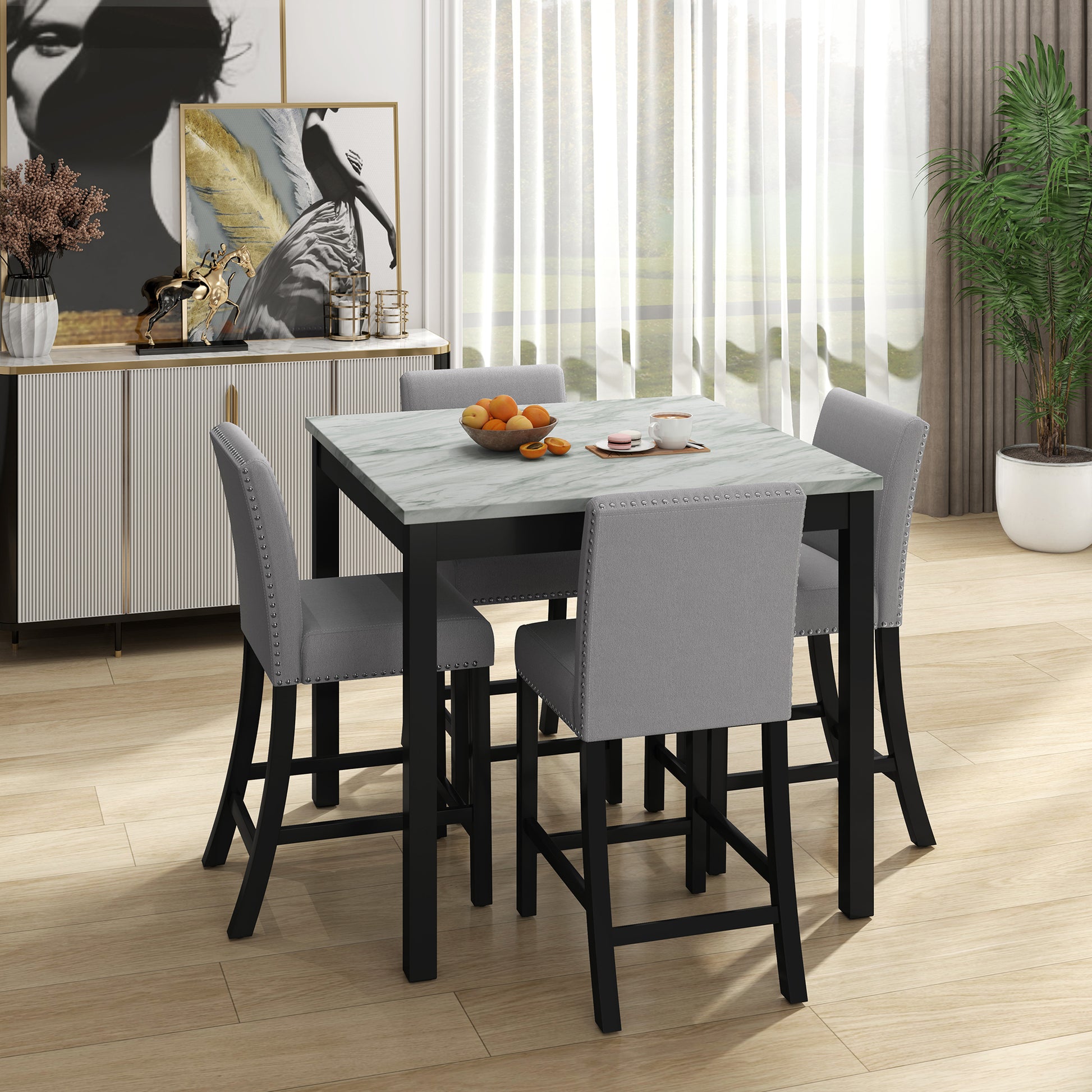 5 Piece Dining Table And Chair Set, Wooden Dining Table And Chair With 4 Chairs For Small Spaces, Modern Square Counter Height Dining Table, Compact Mid Century Modern Home Table And Chair Set, Uphols Black Gray Solid Wood Mdf