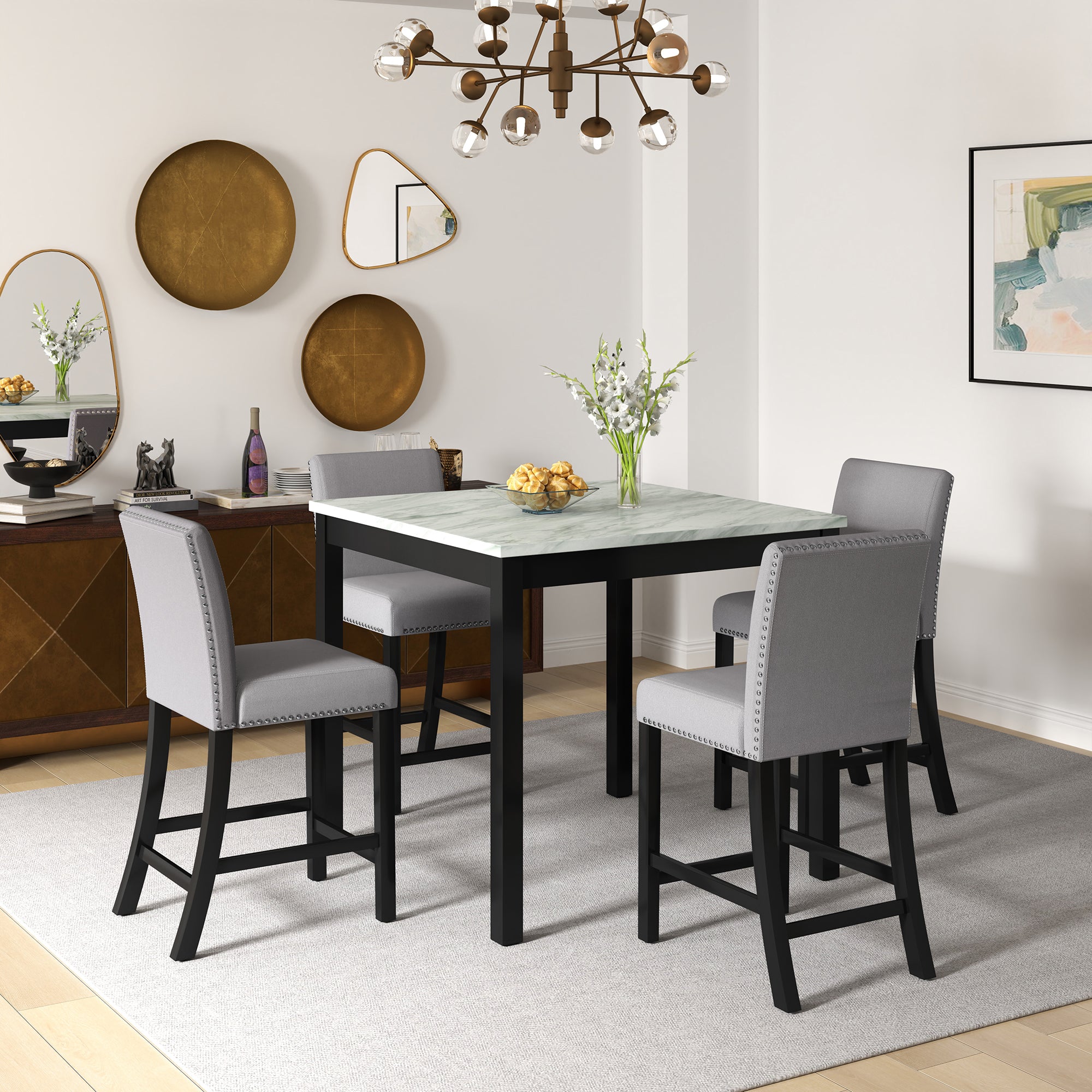 5 Piece Dining Table And Chair Set, Wooden Dining Table And Chair With 4 Chairs For Small Spaces, Modern Square Counter Height Dining Table, Compact Mid Century Modern Home Table And Chair Set, Uphols Black Gray Solid Wood Mdf