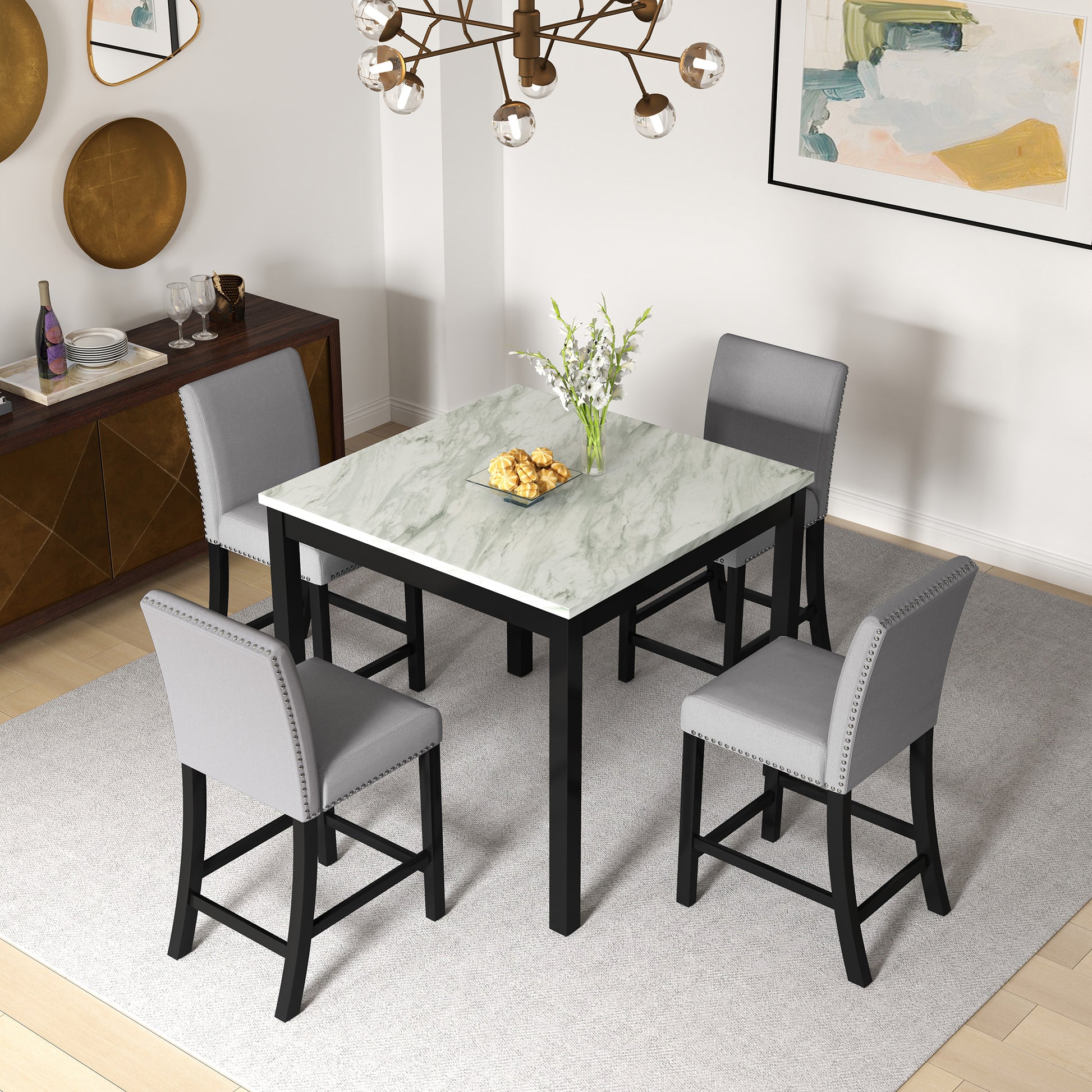 5 Piece Dining Table And Chair Set, Wooden Dining Table And Chair With 4 Chairs For Small Spaces, Modern Square Counter Height Dining Table, Compact Mid Century Modern Home Table And Chair Set, Uphols Black Gray Solid Wood Mdf