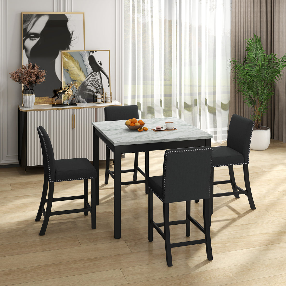 5 Piece Dining Table And Chair Set, Wooden Dining Table And Chair With 4 Chairs For Small Spaces, Modern Square Counter Height Dining Table, Compact Mid Century Modern Home Table And Chair Set, Uphols Black Gray Solid Wood Mdf