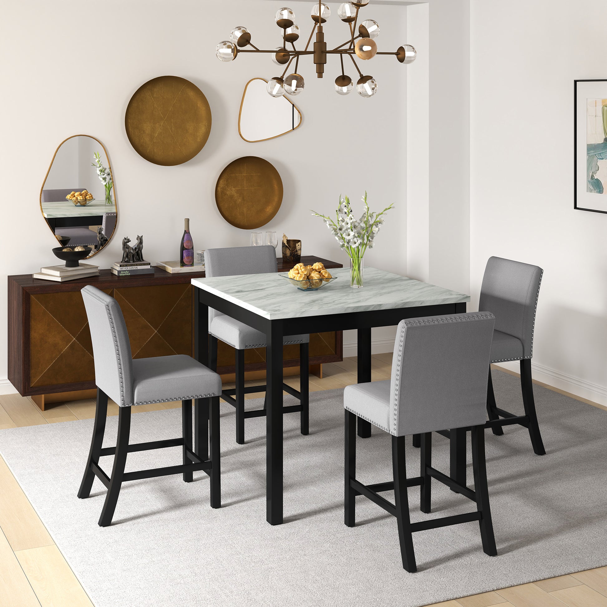 5 Piece Dining Table And Chair Set, Wooden Dining Table And Chair With 4 Chairs For Small Spaces, Modern Square Counter Height Dining Table, Compact Mid Century Modern Home Table And Chair Set, Uphols Black Gray Solid Wood Mdf