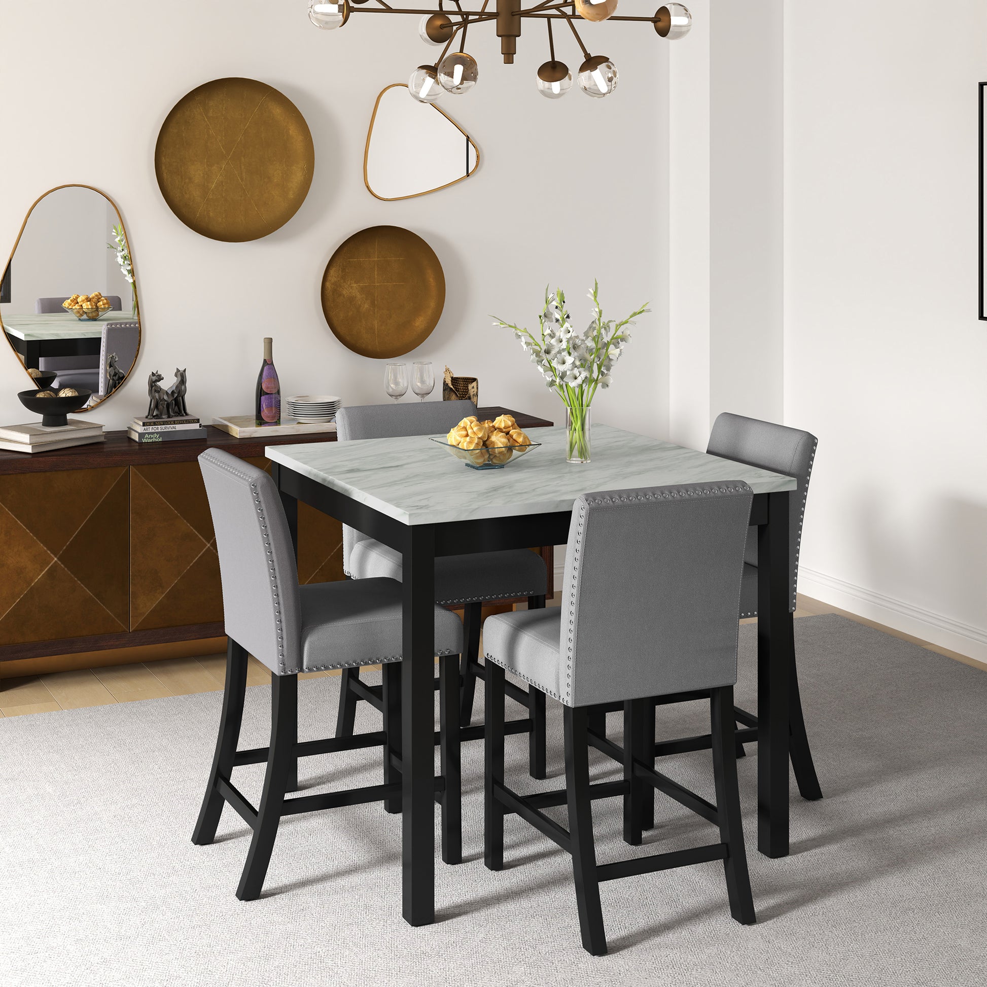 5 Piece Dining Table And Chair Set, Wooden Dining Table And Chair With 4 Chairs For Small Spaces, Modern Square Counter Height Dining Table, Compact Mid Century Modern Home Table And Chair Set, Uphols Black Gray Solid Wood Mdf