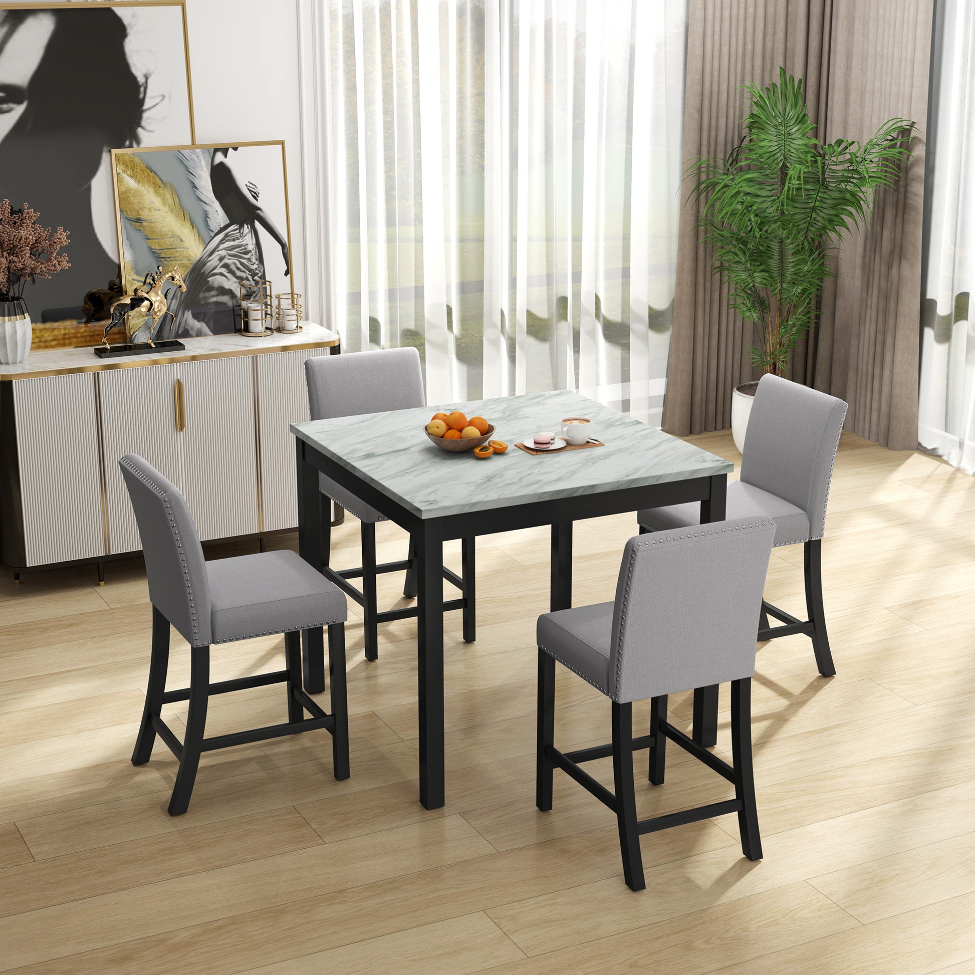 5 Piece Dining Table And Chair Set, Wooden Dining Table And Chair With 4 Chairs For Small Spaces, Modern Square Counter Height Dining Table, Compact Mid Century Modern Home Table And Chair Set, Uphols Black Gray Solid Wood Mdf