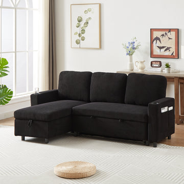 Fx78.7" Comfortable Corduroy L Shaped Combo Sofa Bed, Living Room Furniture Set For Tight Spaces, Reversible Sleeper Combo Sofa With Pullout Bed, Reversible Sofa Bed For Living Room, W1926S00010 Black Wood Primary Living Space Foam Corduroy 3 Seat