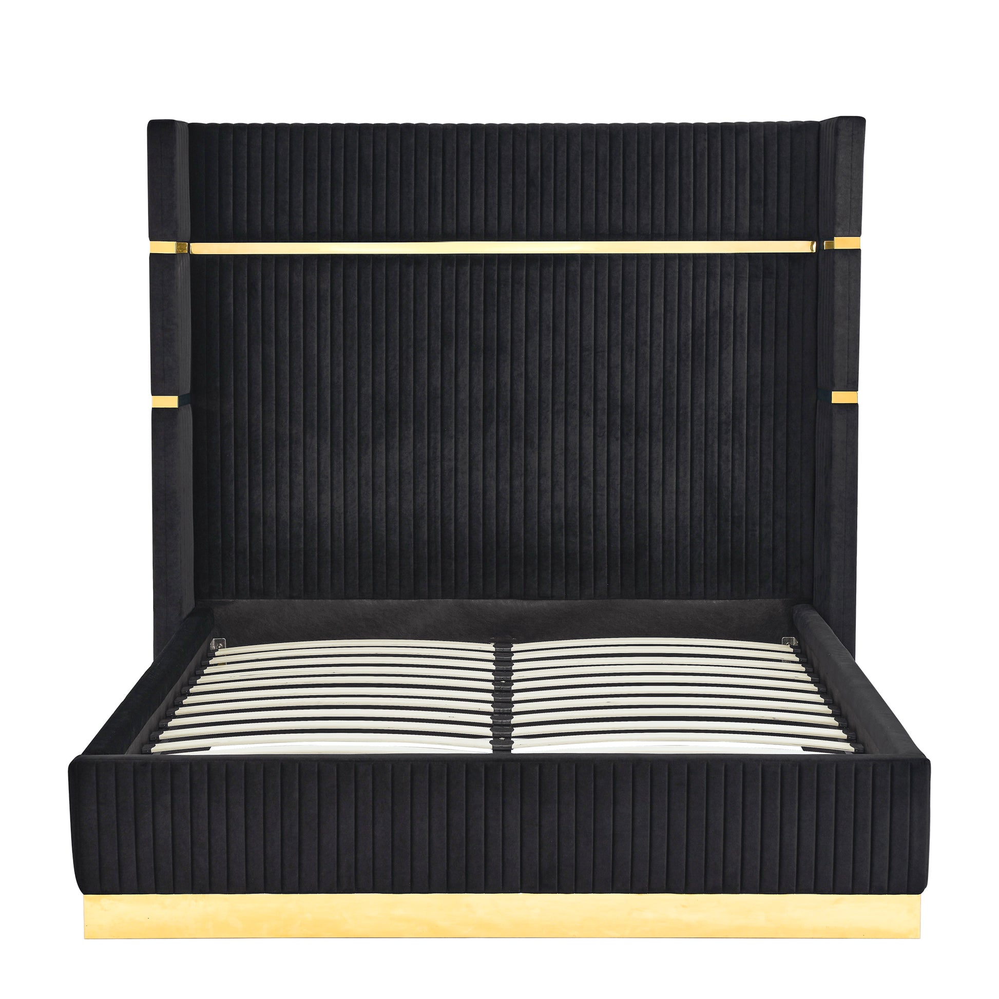 Corduroy Upholstered Bed Frame Queen Size 65" Tall Wingback Headboard Queen Bed Frame Metal Decoration No Box Spring Needed Box Spring Not Required Queen Black Wood Bedroom Eucalyptus Velvet Foam