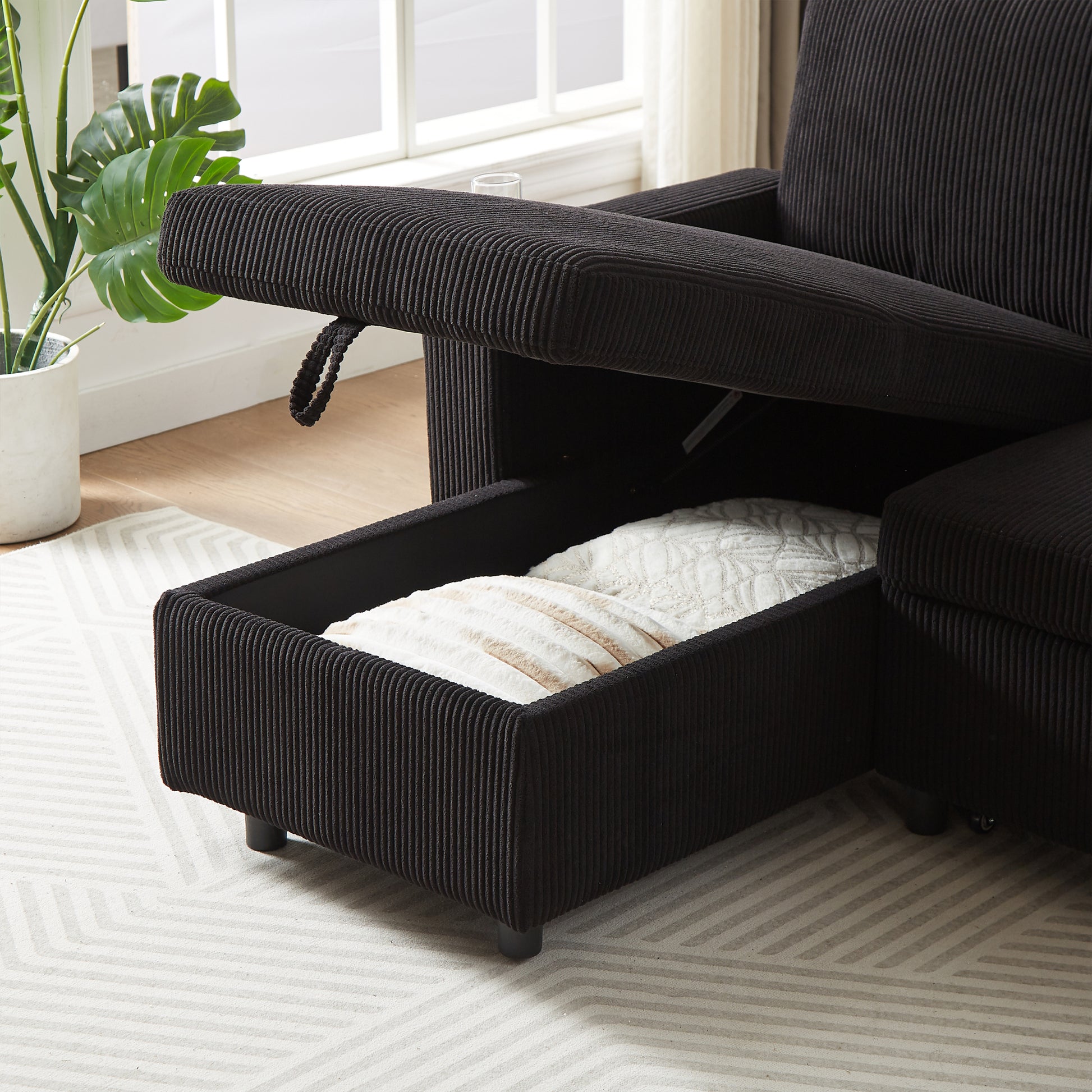 Fx78.7" Comfortable Corduroy L Shaped Combo Sofa Bed, Living Room Furniture Set For Tight Spaces, Reversible Sleeper Combo Sofa With Pullout Bed, Reversible Sofa Bed For Living Room, W1926S00010 Black Wood Primary Living Space Foam Corduroy 3 Seat