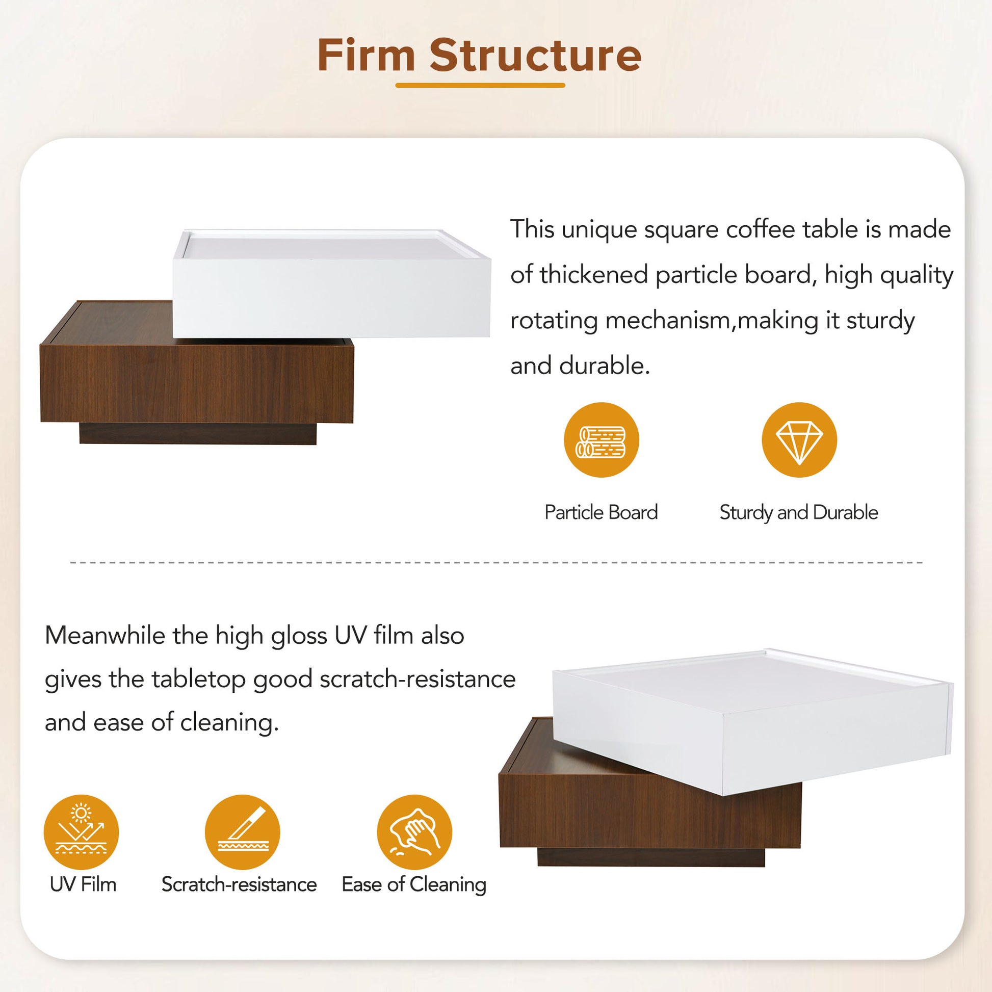 Square 360 Rotating Coffee Table With 2 Drawers, High Gloss 2 Tier Center Table With Swivel Tabletop And Storage, Walnut Table Frame Side Table For Living Room, White White Walnut Primary Living Space Glossy Square Particle Board