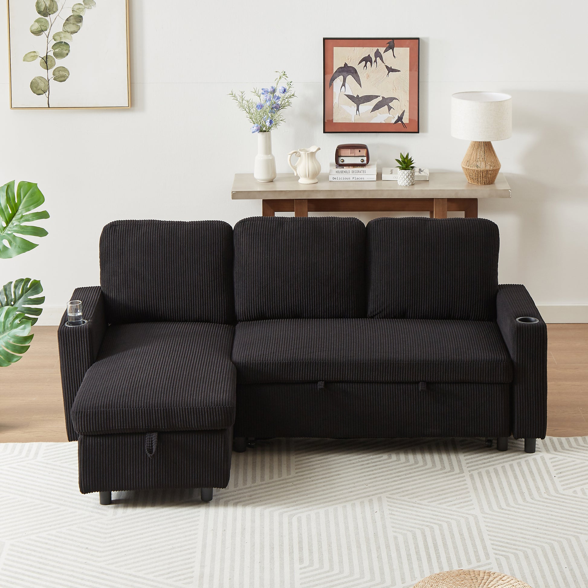 Fx78.7" Comfortable Corduroy L Shaped Combo Sofa Bed, Living Room Furniture Set For Tight Spaces, Reversible Sleeper Combo Sofa With Pullout Bed, Reversible Sofa Bed For Living Room, W1926S00010 Black Wood Primary Living Space Foam Corduroy 3 Seat