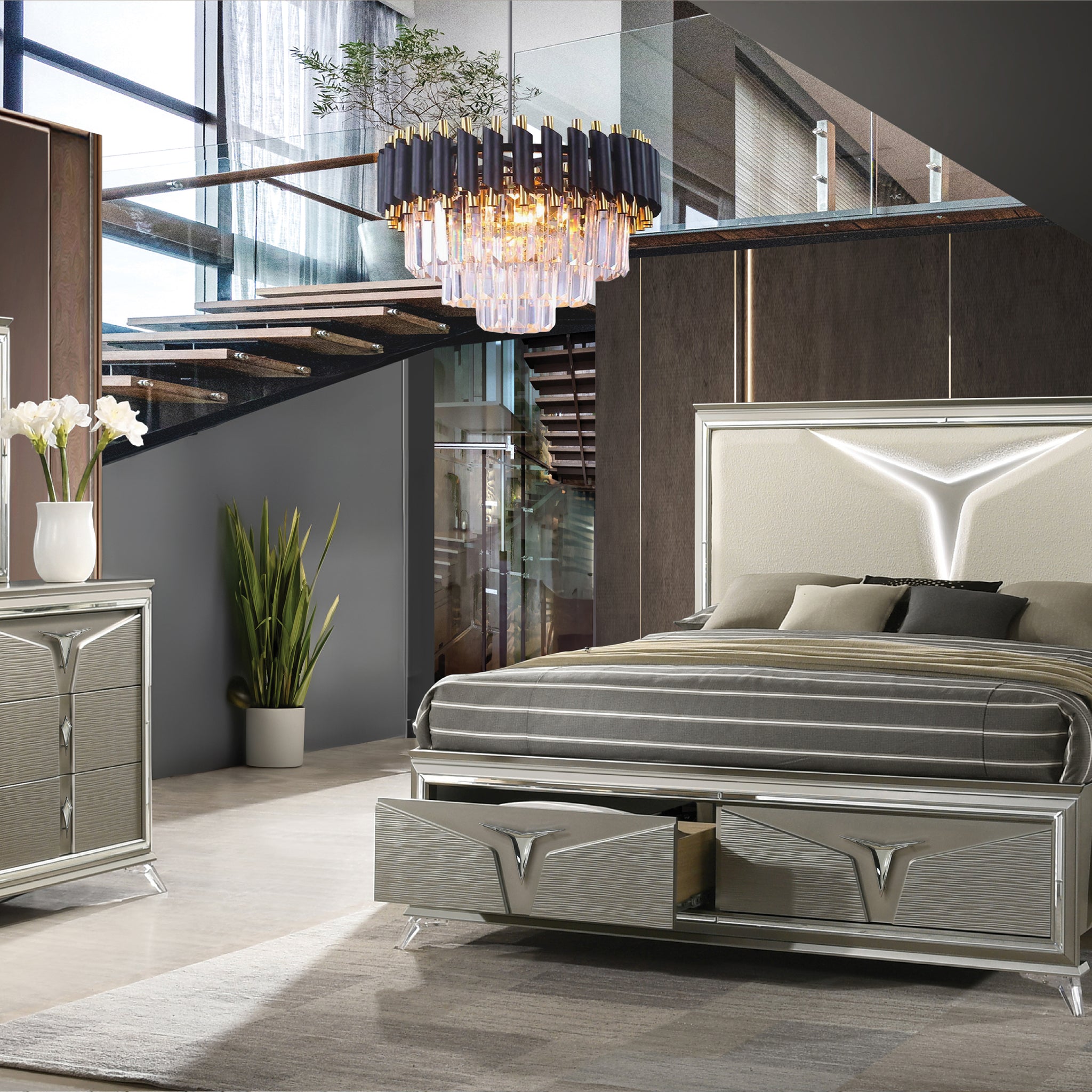 Samantha Modern Style Queen 4Pc Bedroom Set Made With Wood & Led Headboard Box Spring Not Required Queen Silver Wood 4 Piece Set Bedroom Bed Included,Dresser Included,Mirror Included,Nightstand Included Contemporary,Modern Upholstered Wood